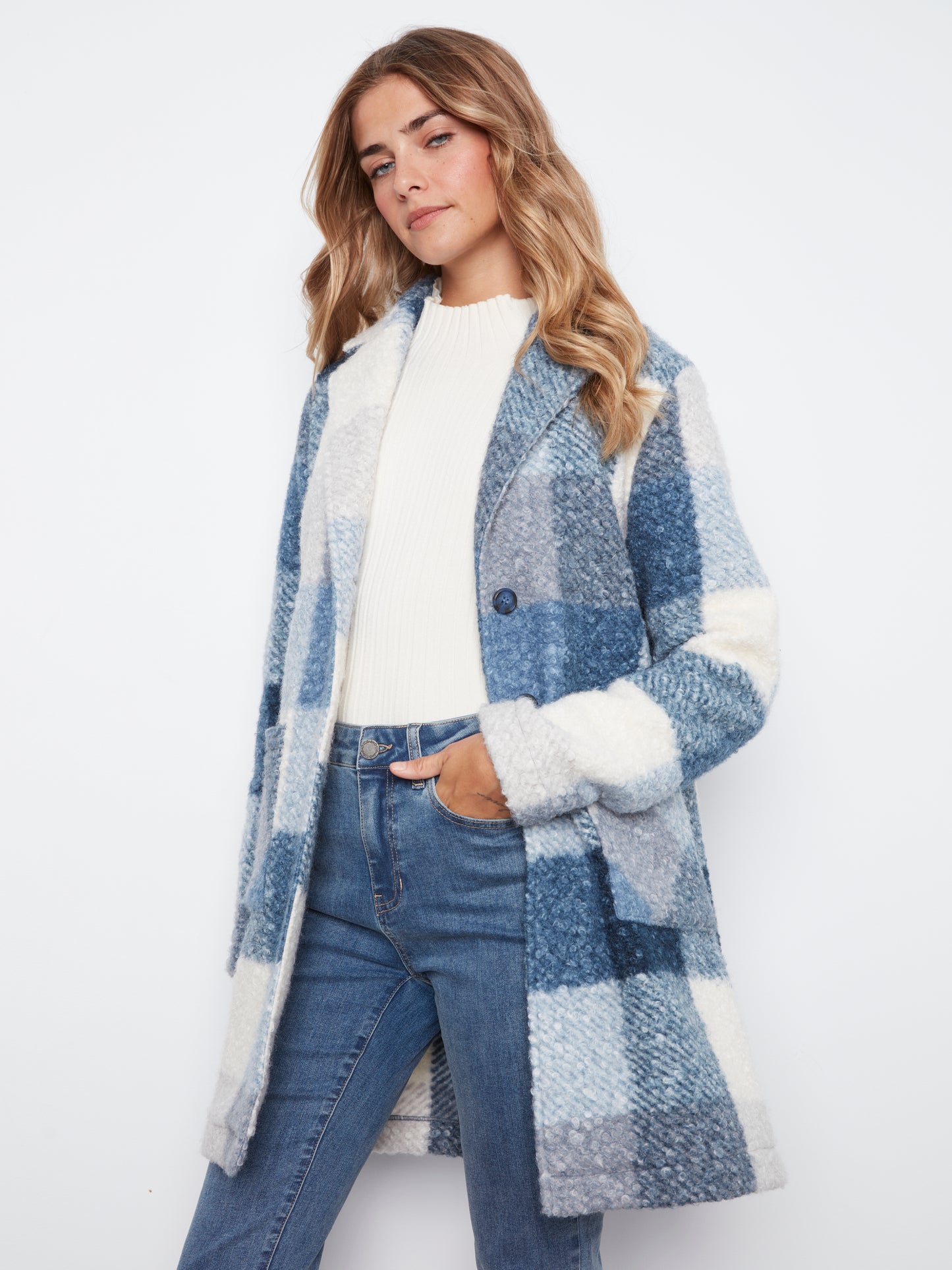 Charlie B Plaid Boucle Knit Tailored Collar Coat Storm C6141ZR-707B-P688