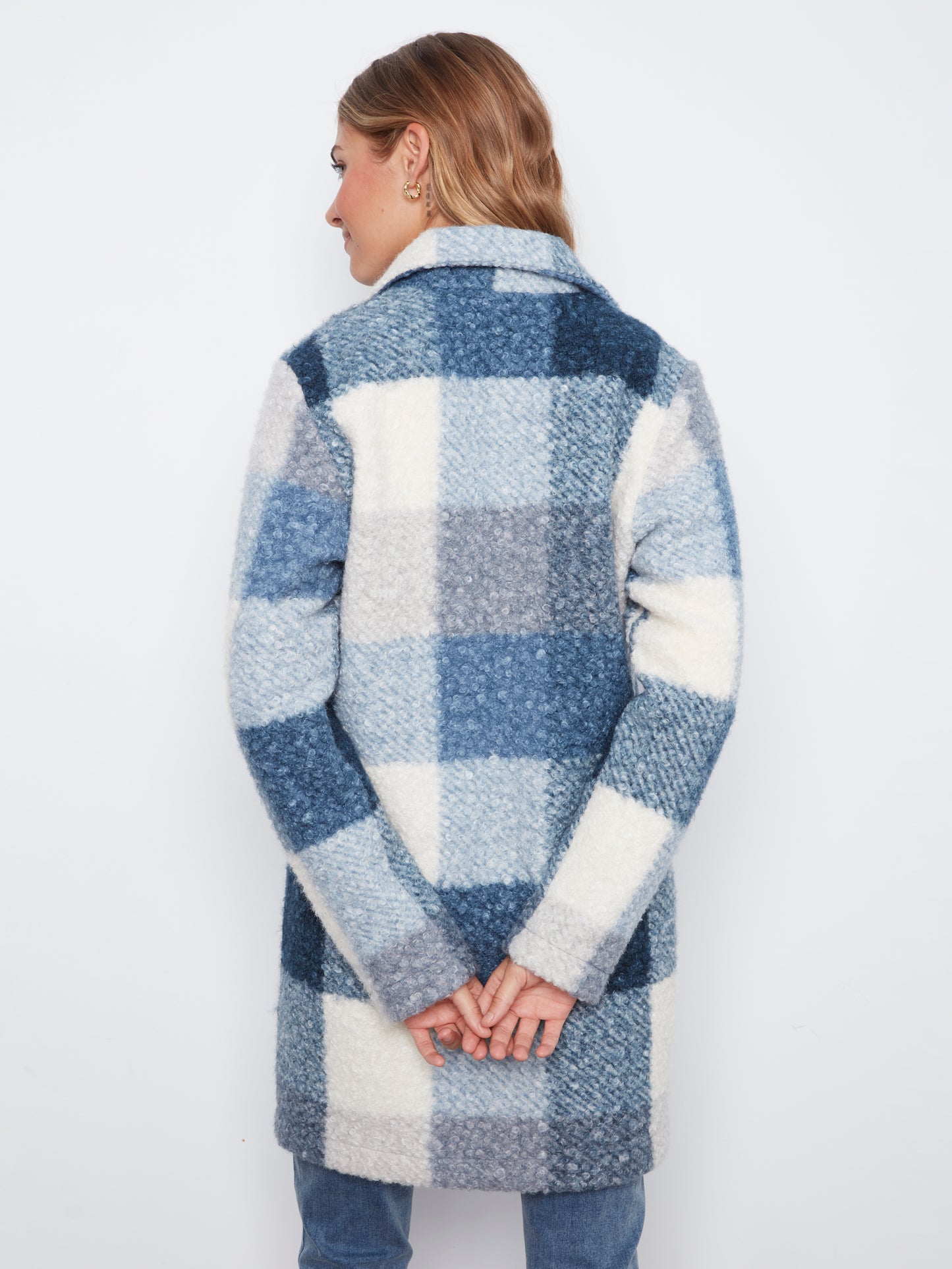 Charlie B Plaid Boucle Knit Tailored Collar Coat Storm C6141ZR-707B-P688