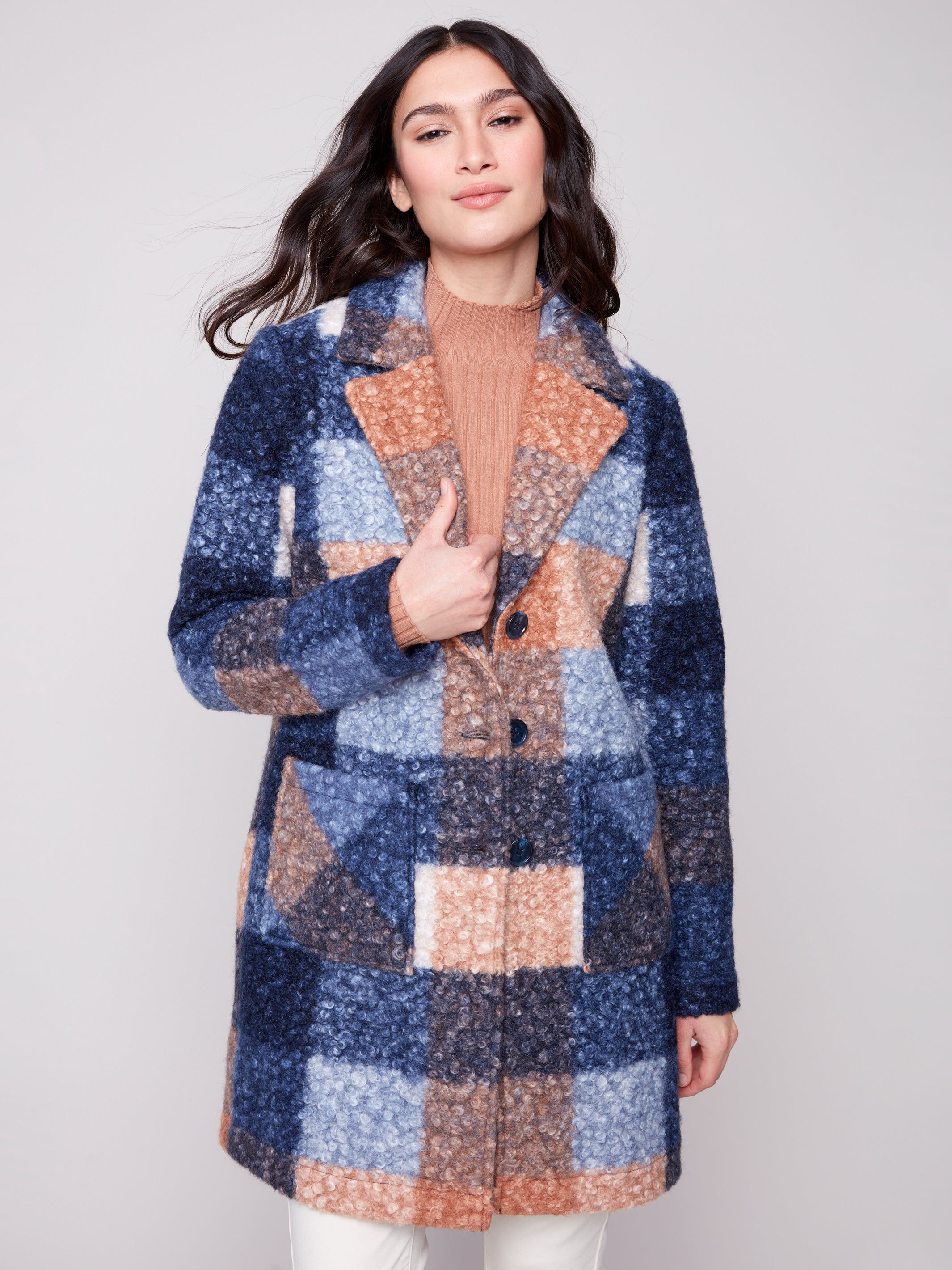 Charlie B Plaid Boucle Knit Tailored Collar Coat Moonlight