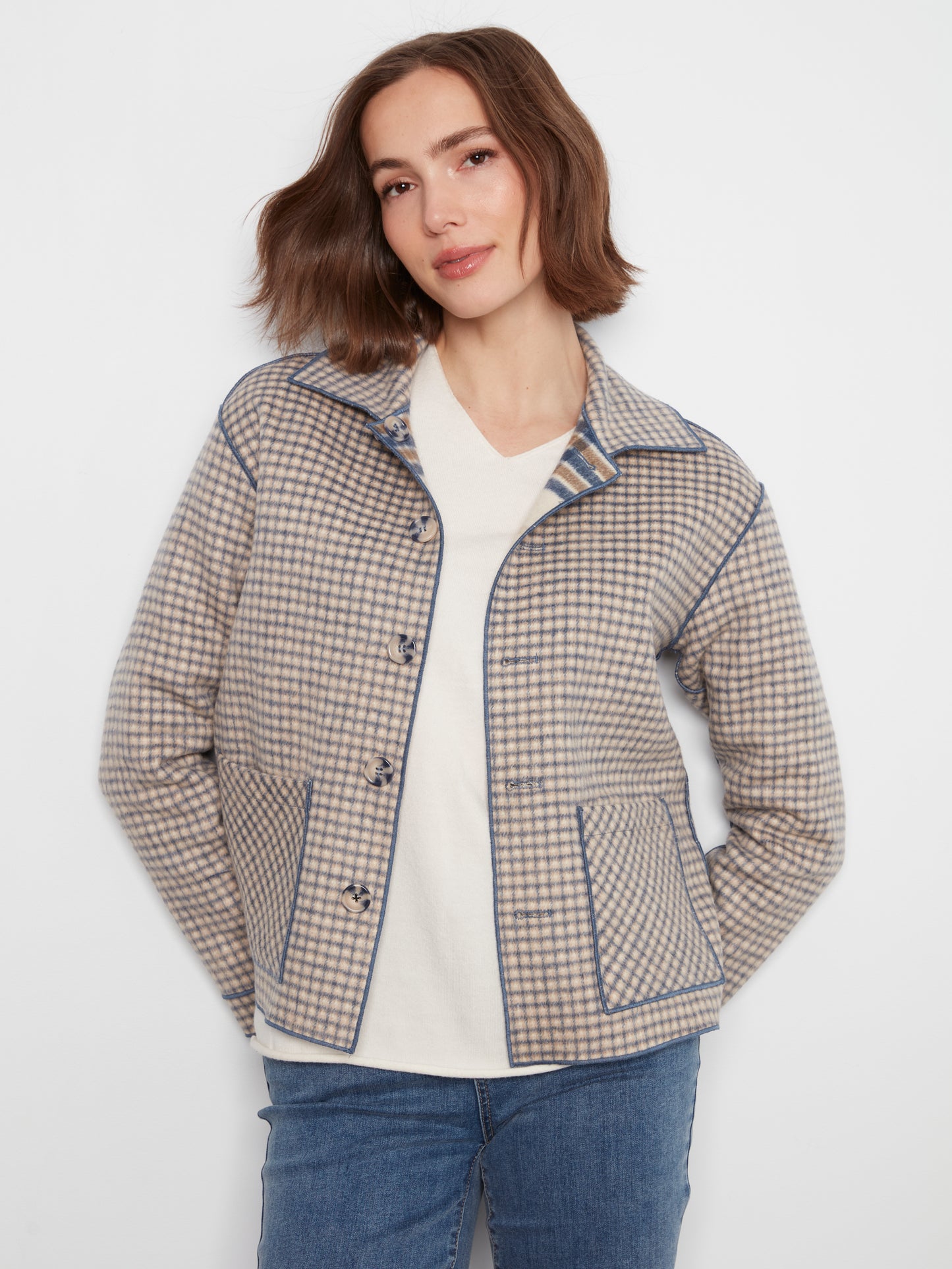 Charlie B Reversible Plaid Jacket Ecru C6185YR-134B-P276
