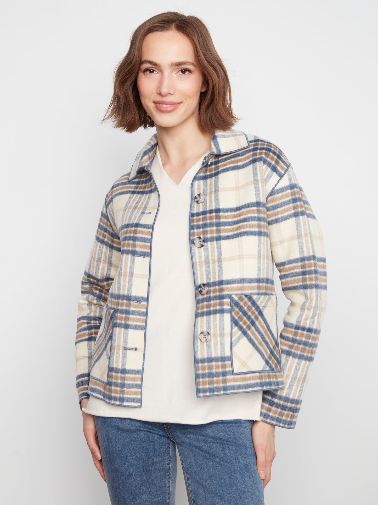 Charlie B Reversible Plaid Jacket Ecru C6185YR-134B-P276