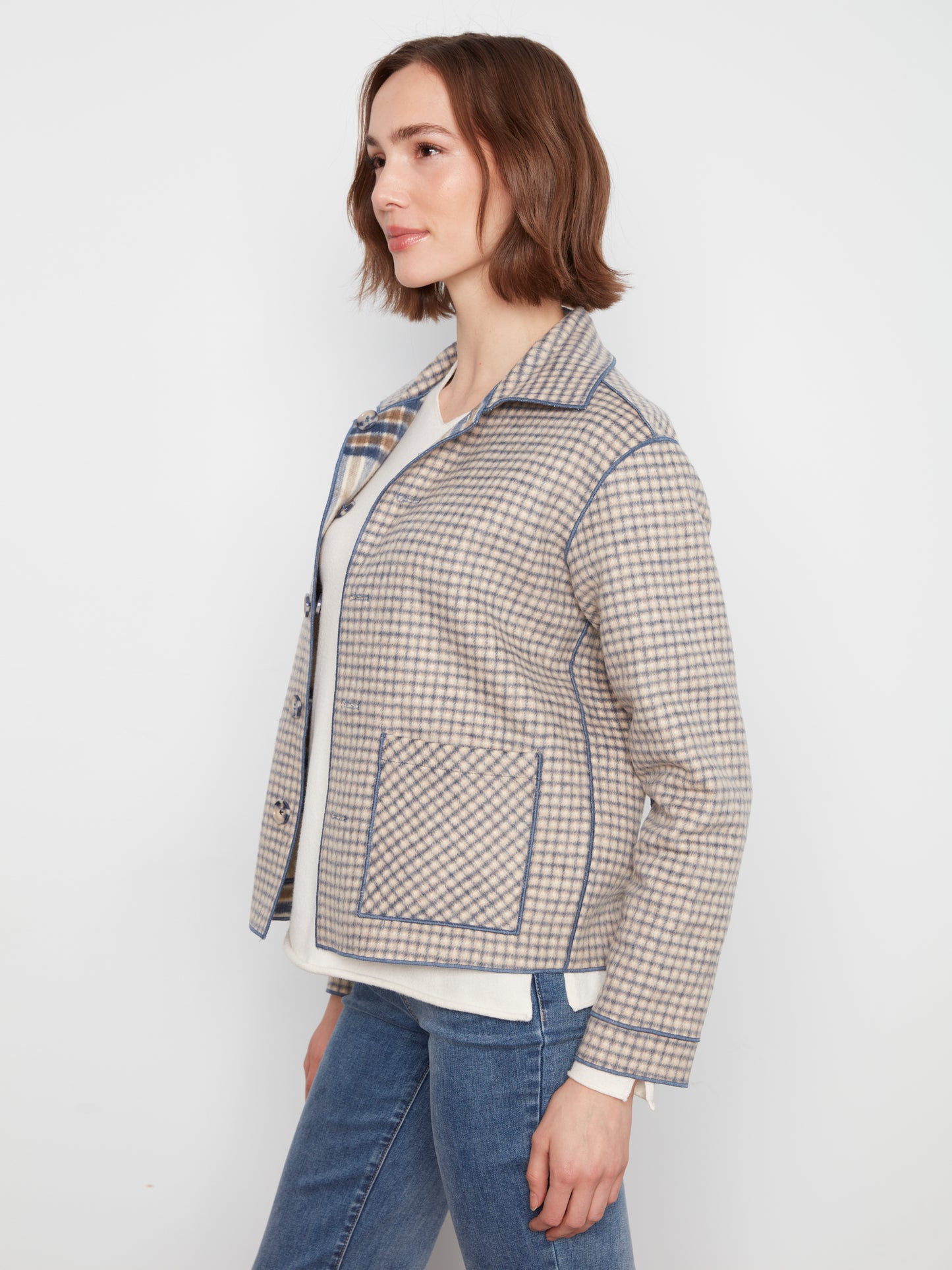 Charlie B Reversible Plaid Jacket Ecru C6185YR-134B-P276