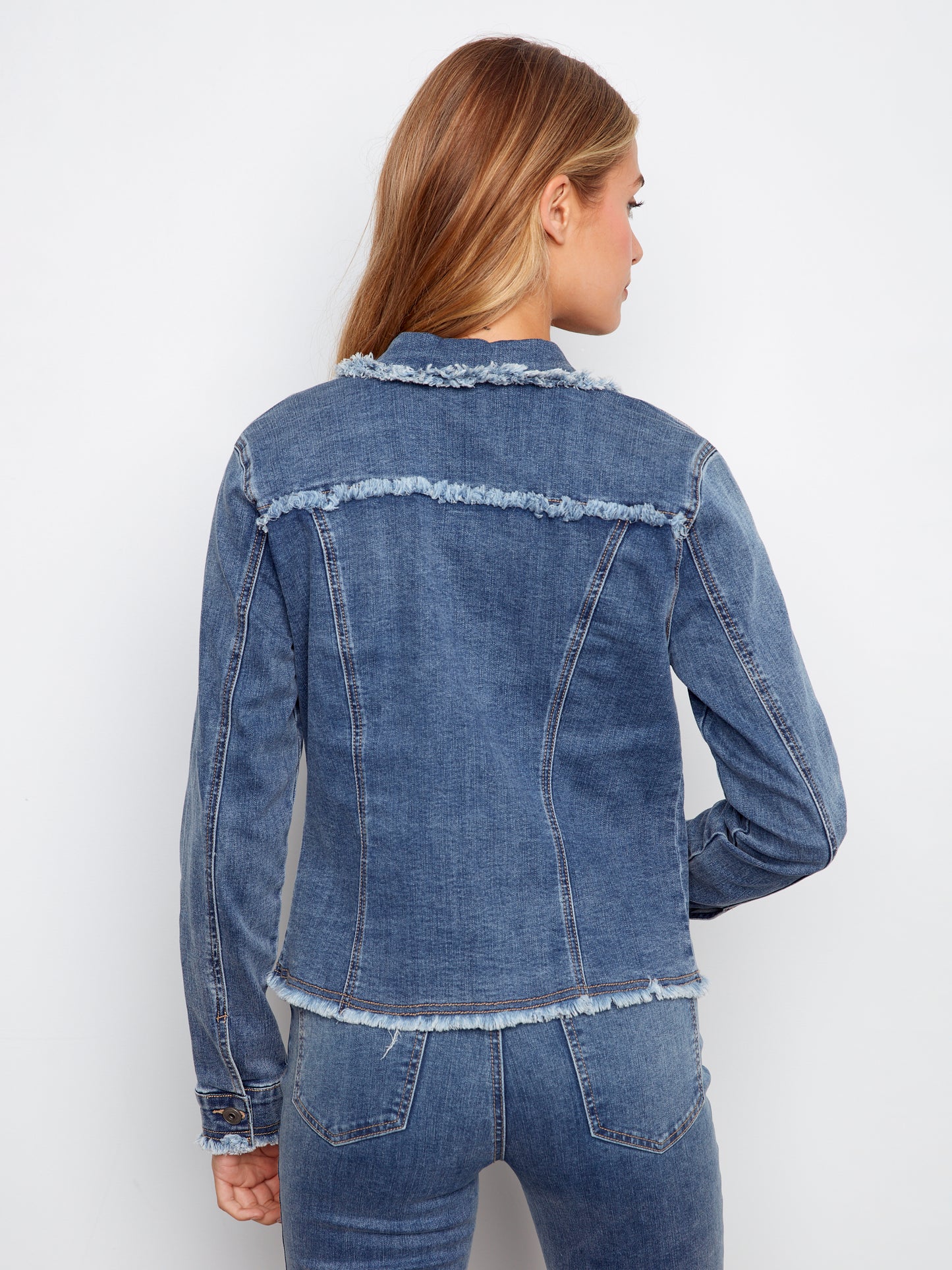Charlie B Fringe Edges Stretch Denim Jacket Medium Blue C6233XX-431A-156