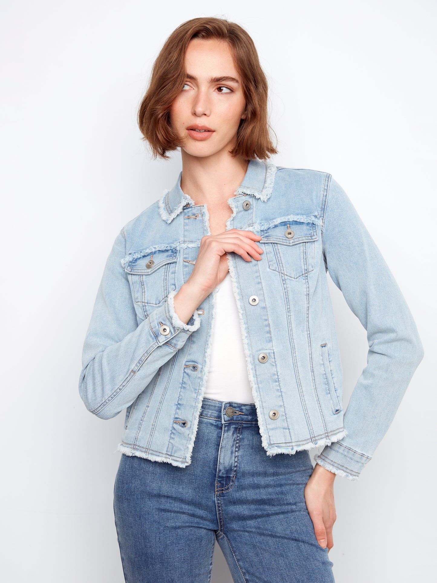 Charlie B Fringe Edges Stretch Denim Jacket Bleach Blue C6233XX-431A-243