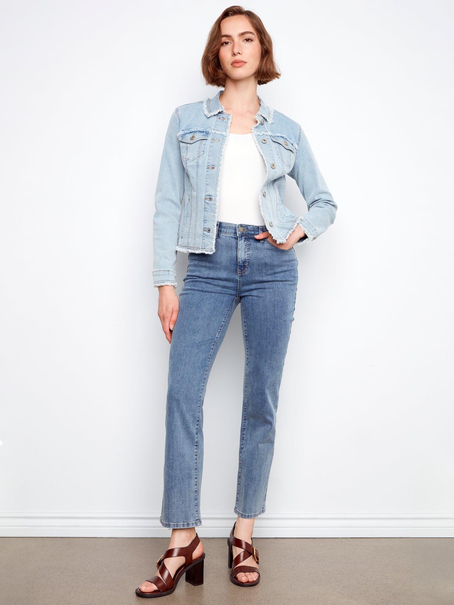 Charlie B Fringe Edges Stretch Denim Jacket Bleach Blue C6233XX-431A-243