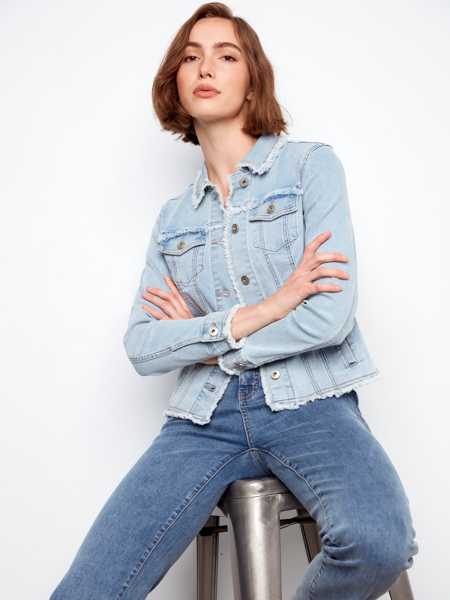 Charlie B Fringe Edges Stretch Denim Jacket Bleach Blue C6233XX-431A-243