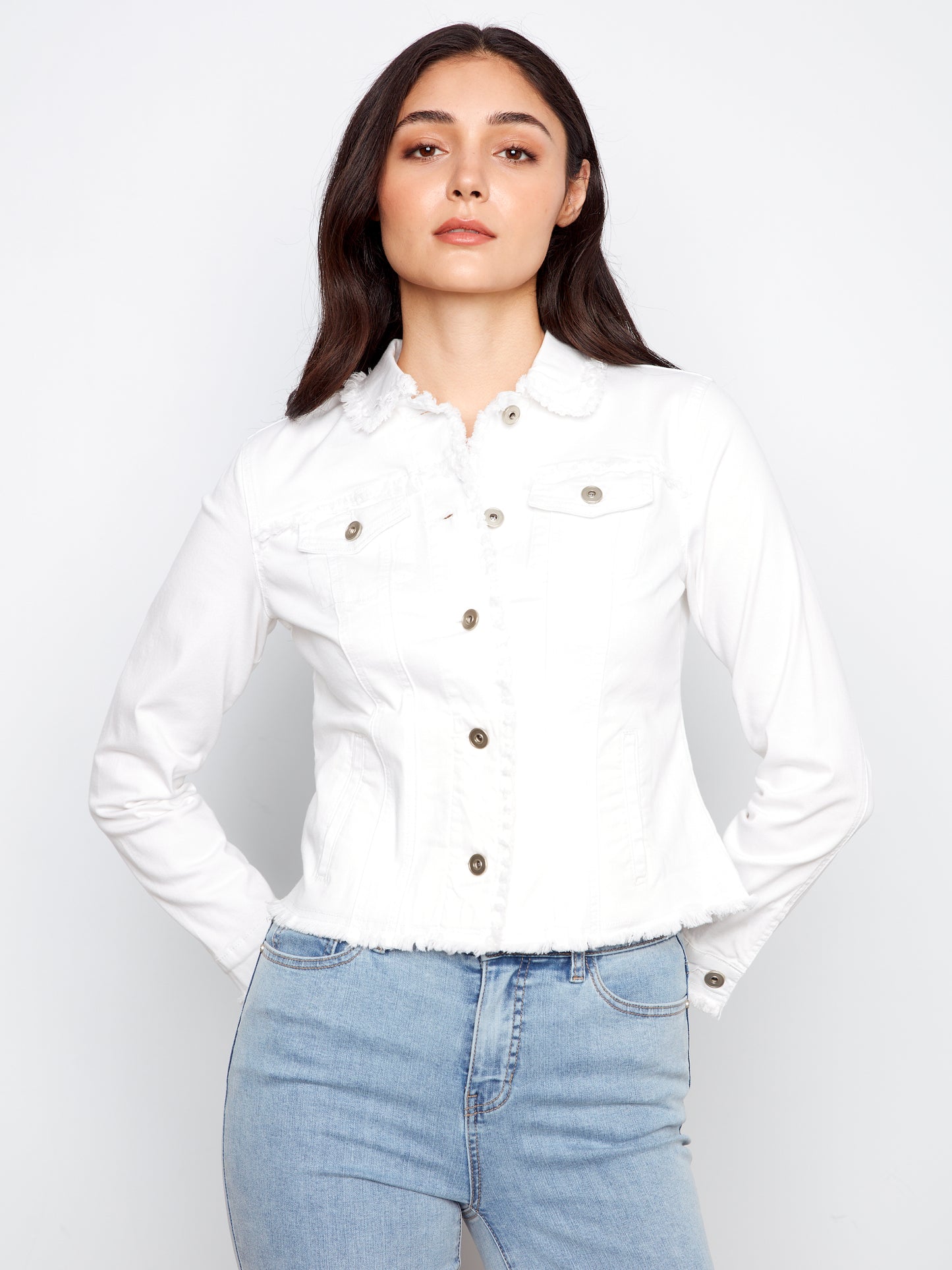 Charlie B Fringe Edges Coloured Twill Jacket White C6233XX-618A-002
