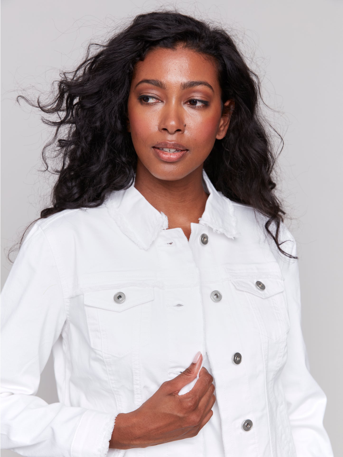 Charlie B Twill Jean Jacket w/Frayed Edges White C6233X-618A-002