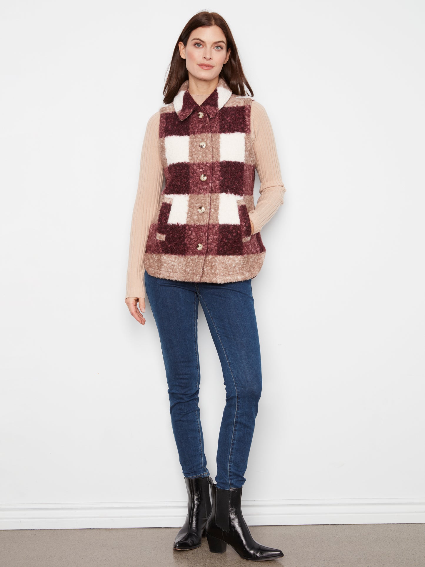 Charlie B Plaid Boucle Knit Vest Jacket Merlot C6319RR-707A-P320