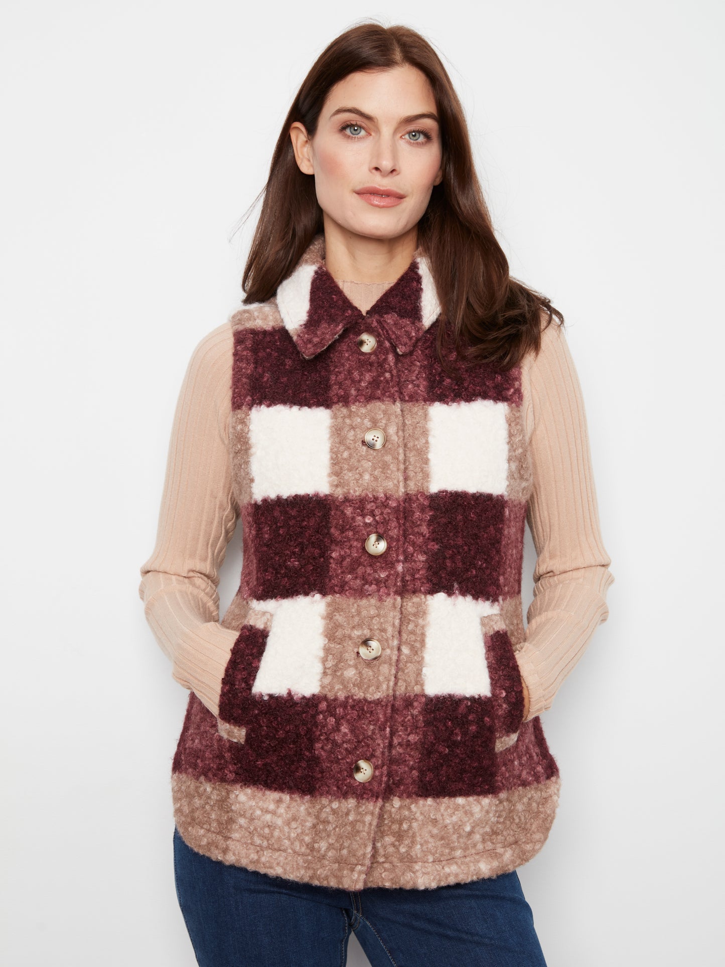 Charlie B Plaid Boucle Knit Vest Jacket Merlot C6319RR-707A-P320