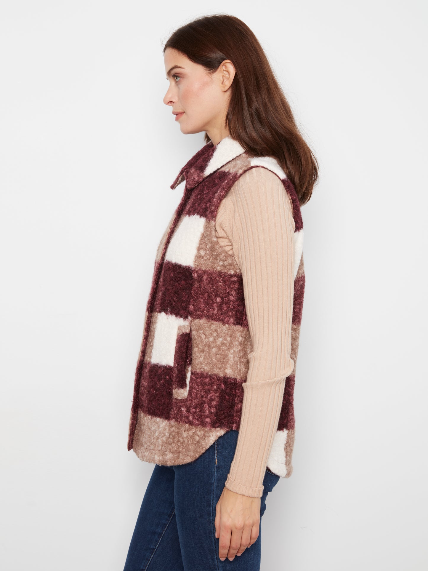 Charlie B Plaid Boucle Knit Vest Jacket Merlot C6319RR-707A-P320
