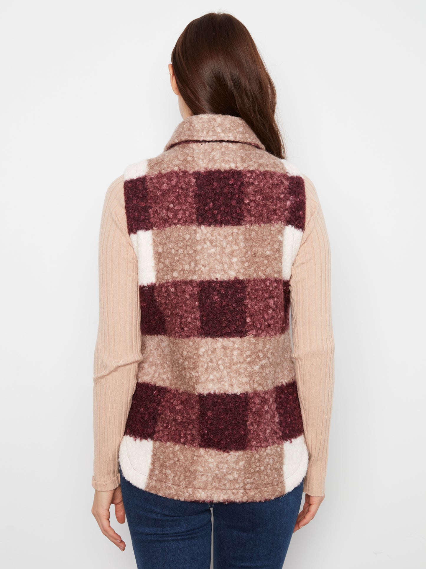 Charlie B Plaid Boucle Knit Vest Jacket Merlot C6319RR-707A-P320