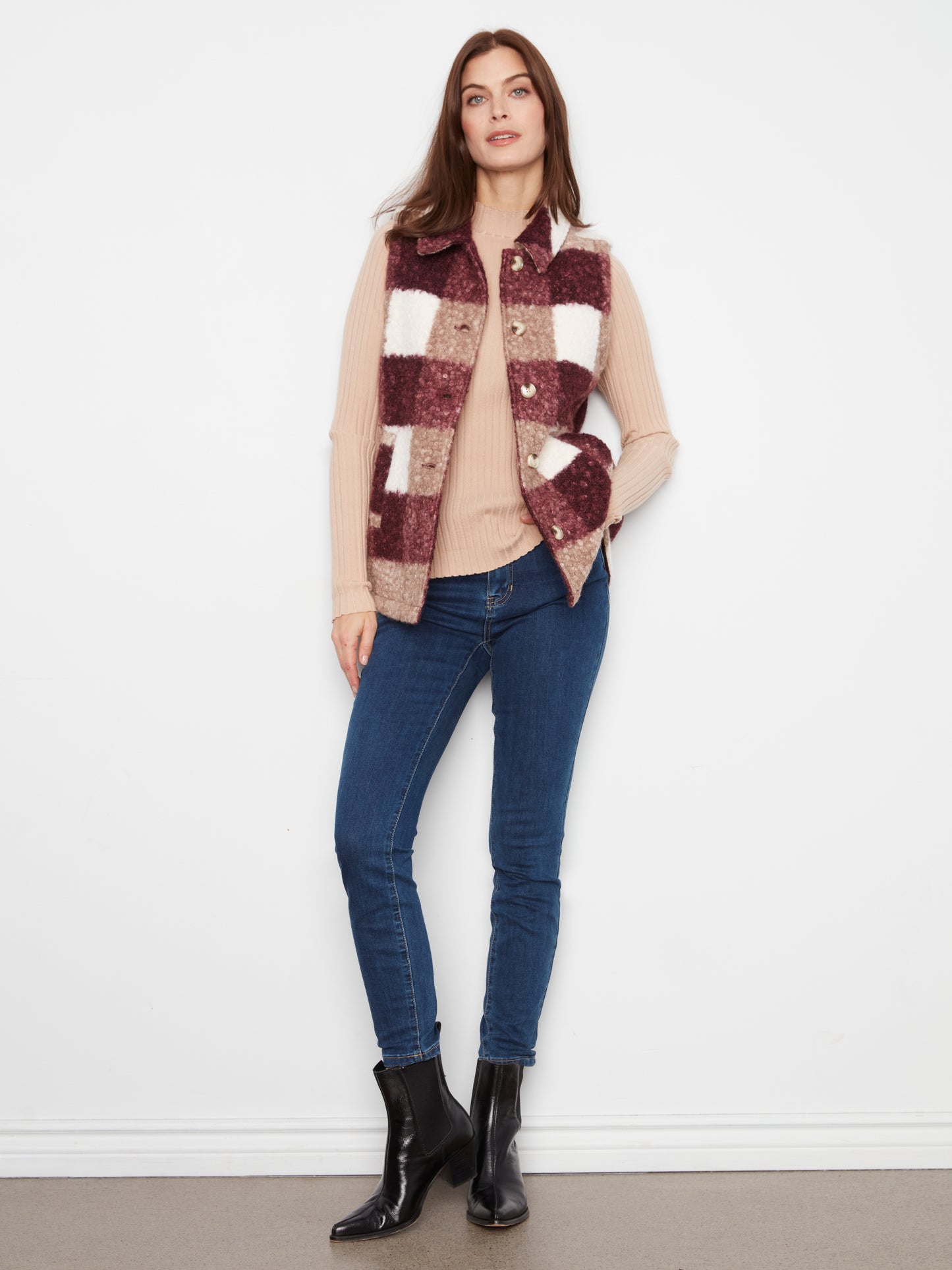 Charlie B Plaid Boucle Knit Vest Jacket Merlot C6319RR-707A-P320