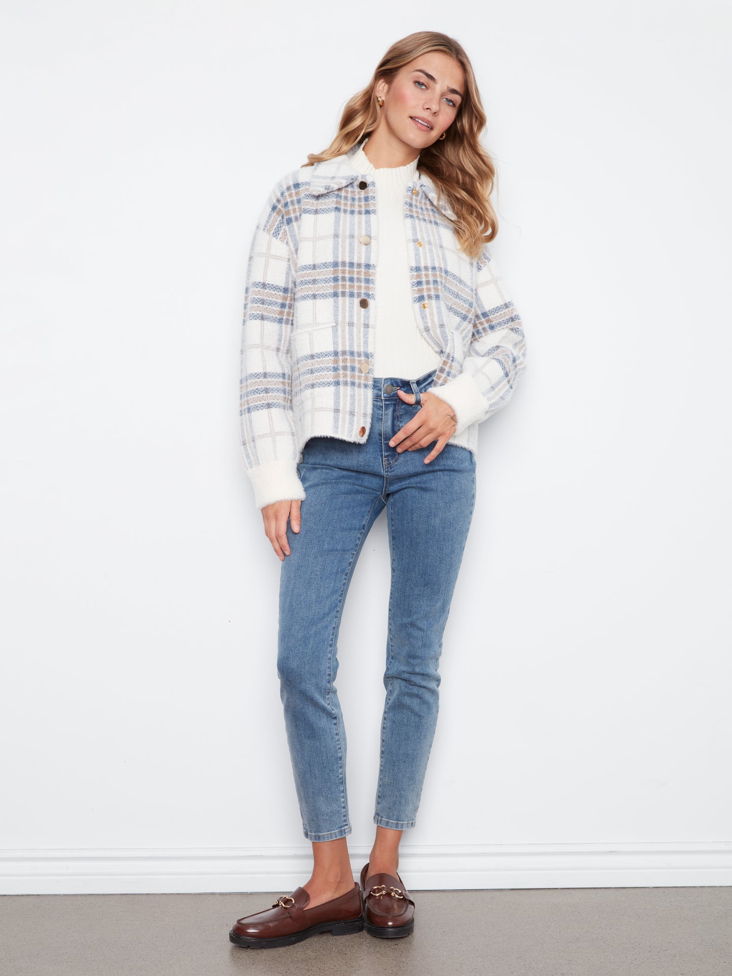 Charlie B Eyelash Yarn Jacquard Short Jacket w/Snap Buttons Ecru C6330RR-960B-P276