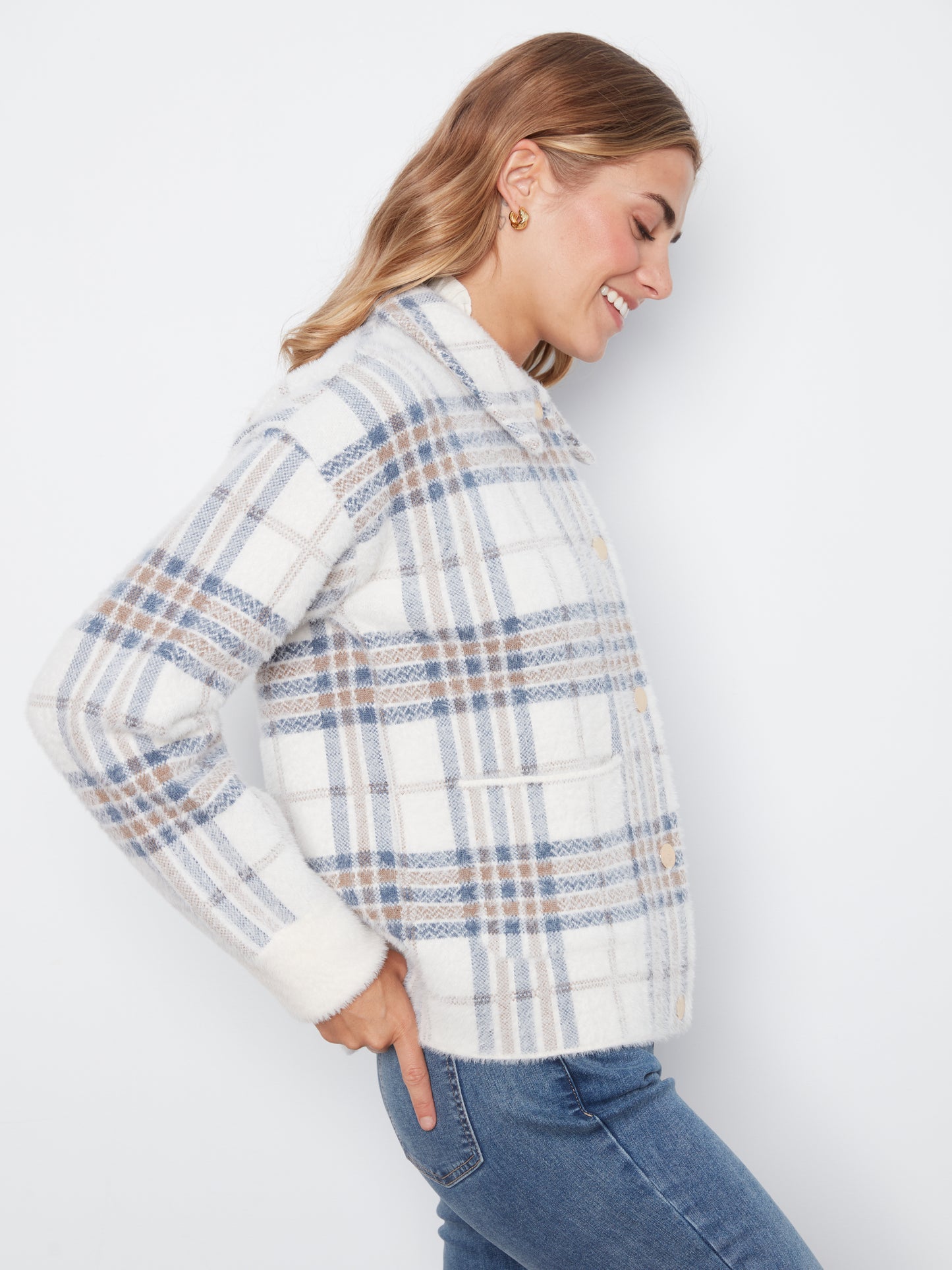 Charlie B Eyelash Yarn Jacquard Short Jacket w/Snap Buttons Ecru C6330RR-960B-P276