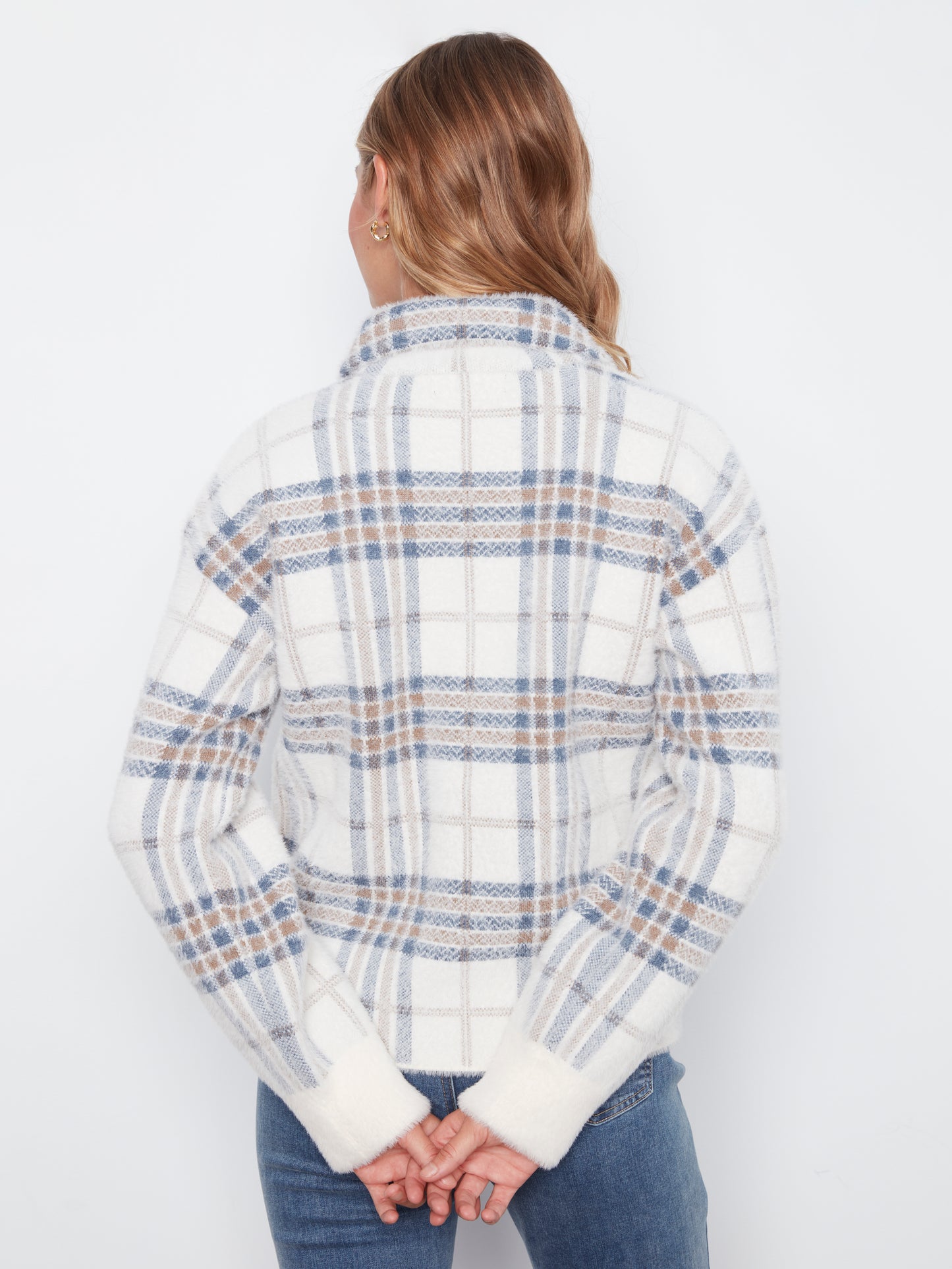 Charlie B Eyelash Yarn Jacquard Short Jacket w/Snap Buttons Ecru C6330RR-960B-P276