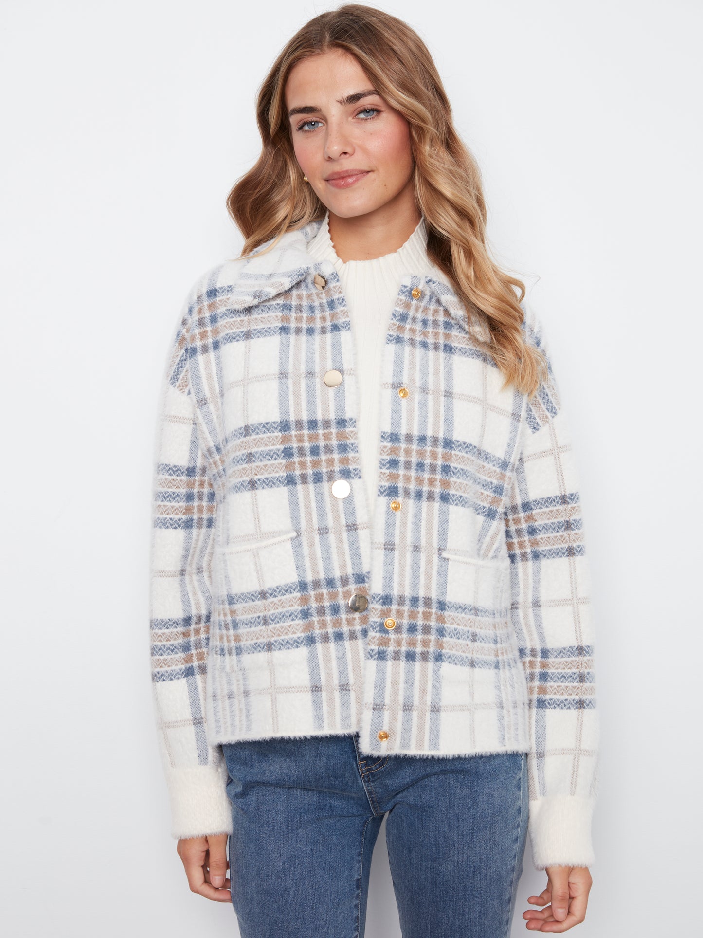 Charlie B Eyelash Yarn Jacquard Short Jacket w/Snap Buttons Ecru C6330RR-960B-P276