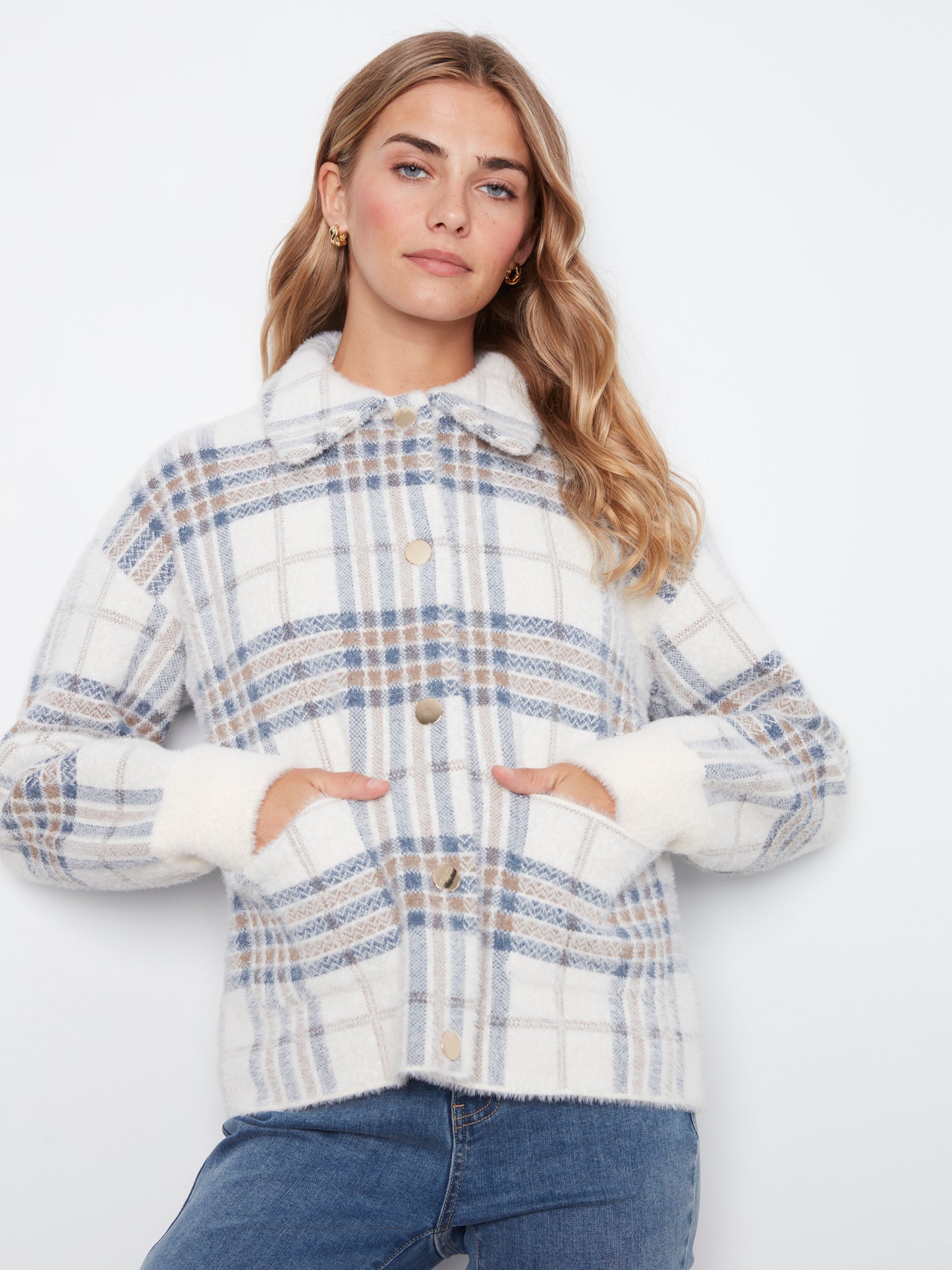 Charlie B Eyelash Yarn Jacquard Short Jacket w/Snap Buttons Ecru C6330RR-960B-P276