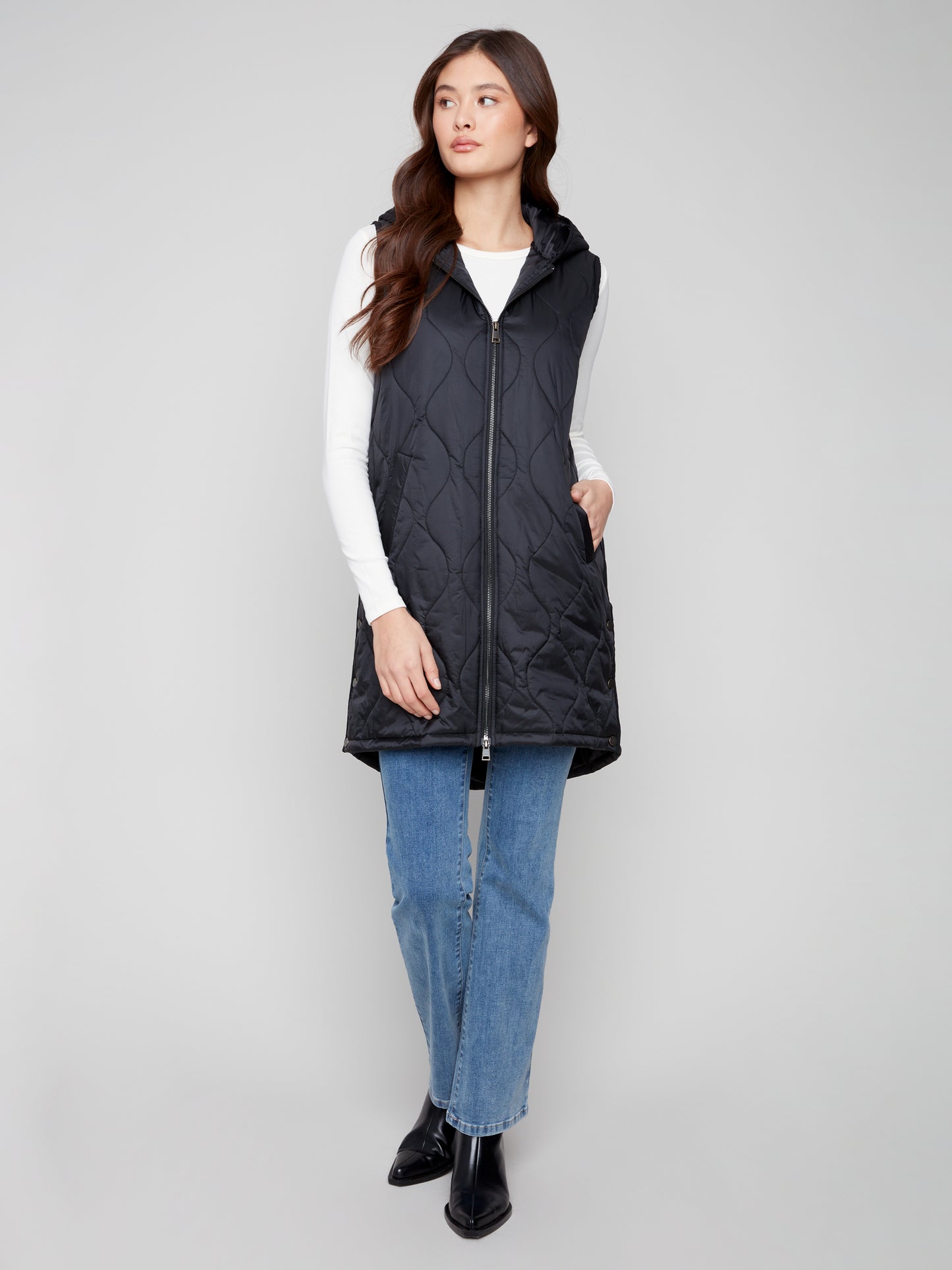 Charlie B Pearlized Long Vest Black C6365-135B-001