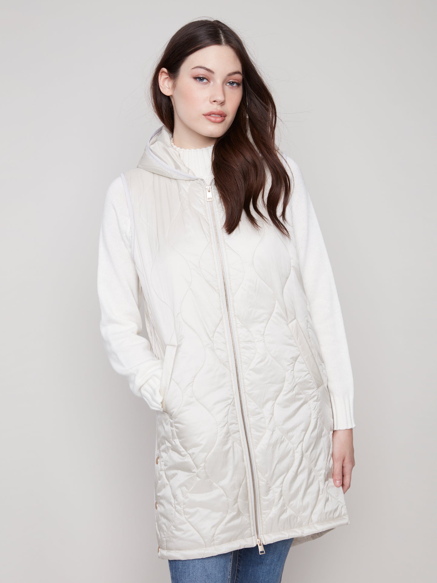 Charlie B Pearlized Long Vest Champagne C6365-135B-249