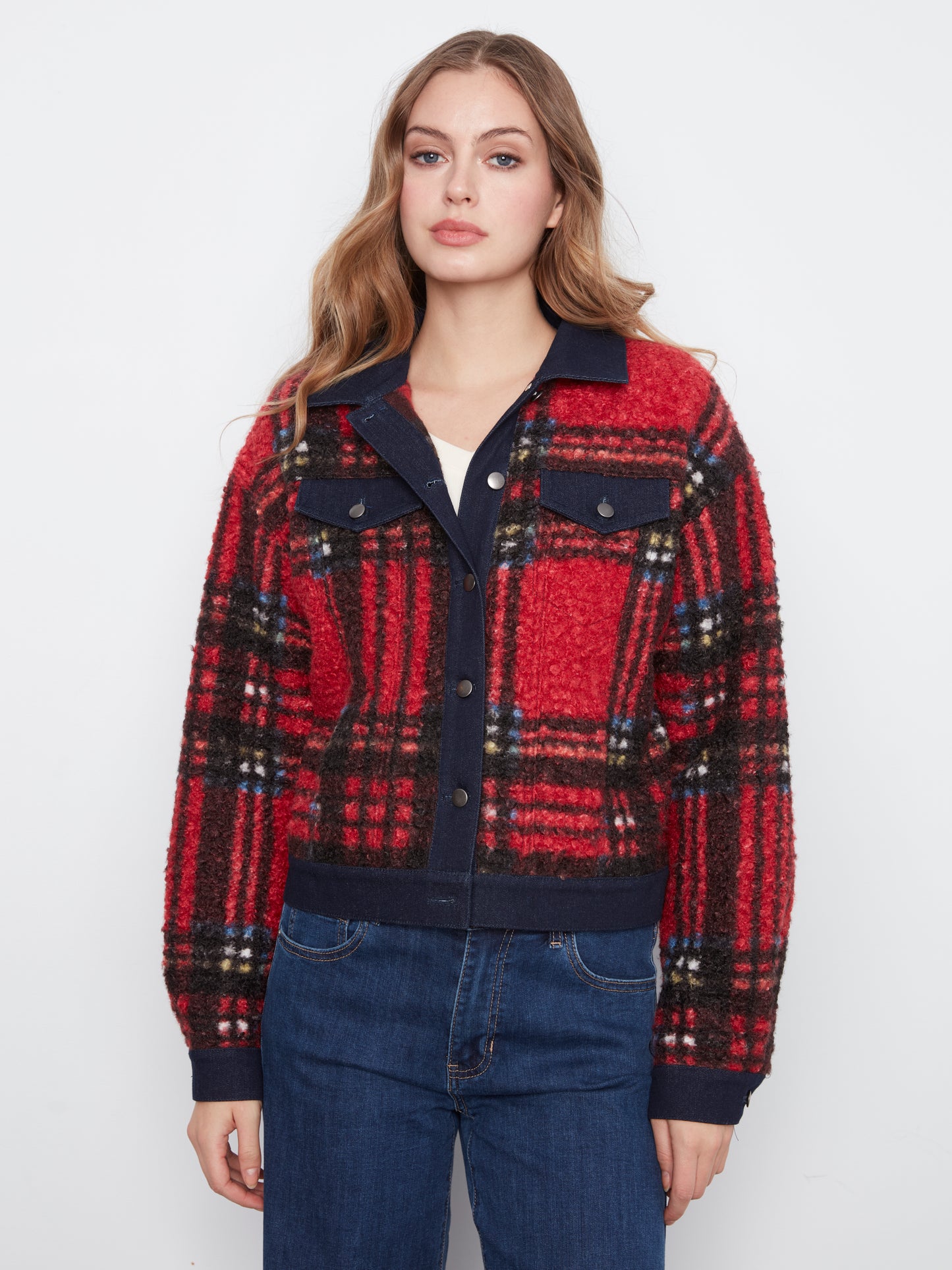 Charlie B Tweed Denim Contrast Jacket Cranberry C6420-707B-P041