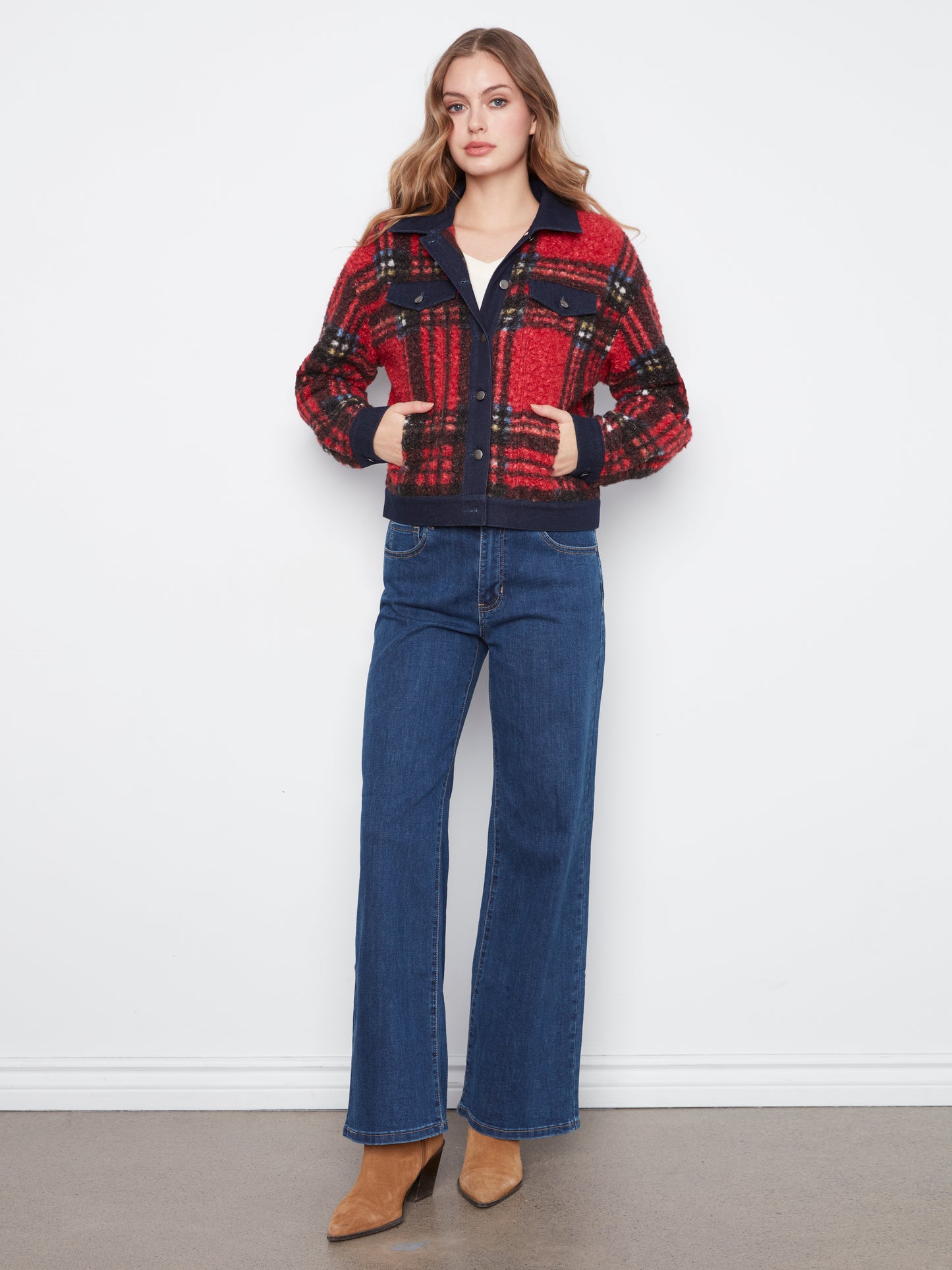 Charlie B Tweed Denim Contrast Jacket Cranberry C6420-707B-P041
