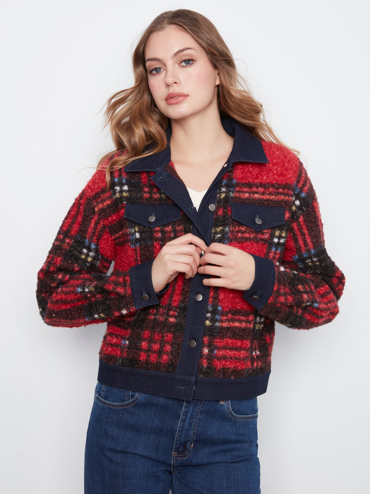 Charlie B Tweed Denim Contrast Jacket Cranberry C6420-707B-P041