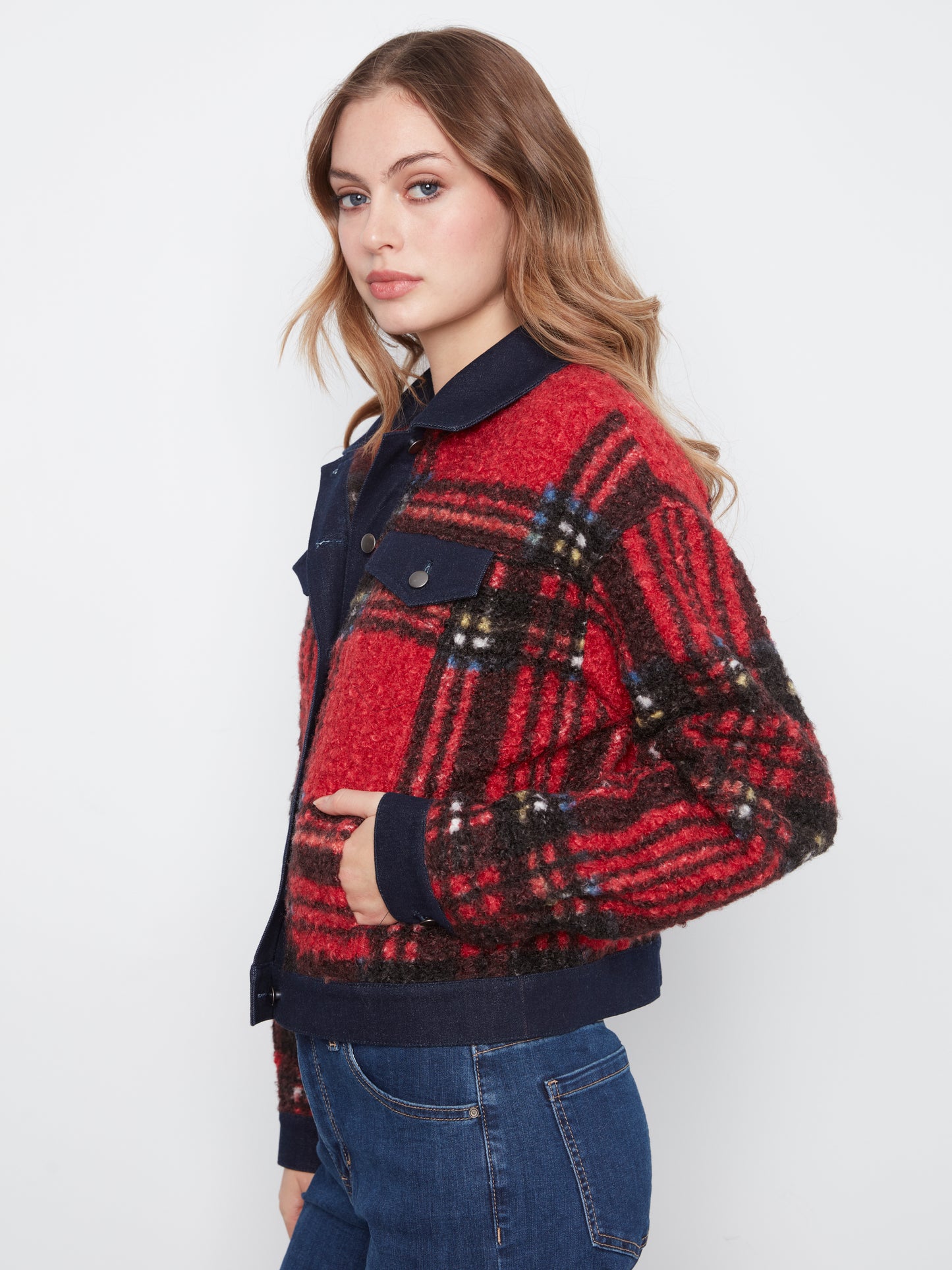 Charlie B Tweed Denim Contrast Jacket Cranberry C6420-707B-P041