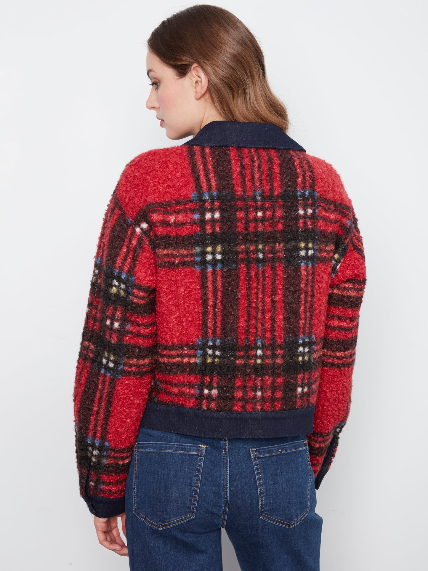 Charlie B Tweed Denim Contrast Jacket Cranberry C6420-707B-P041