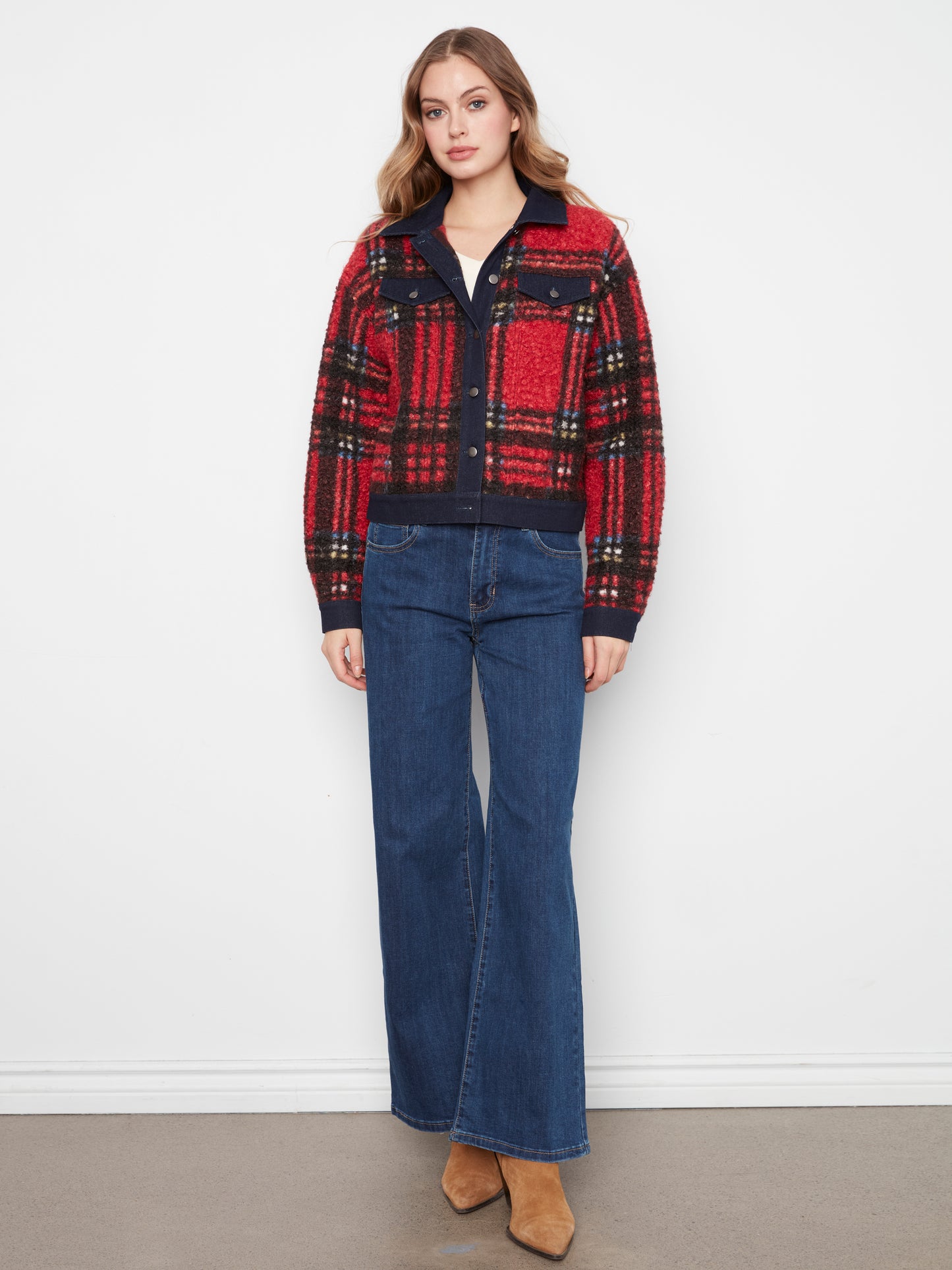 Charlie B Tweed Denim Contrast Jacket Cranberry C6420-707B-P041