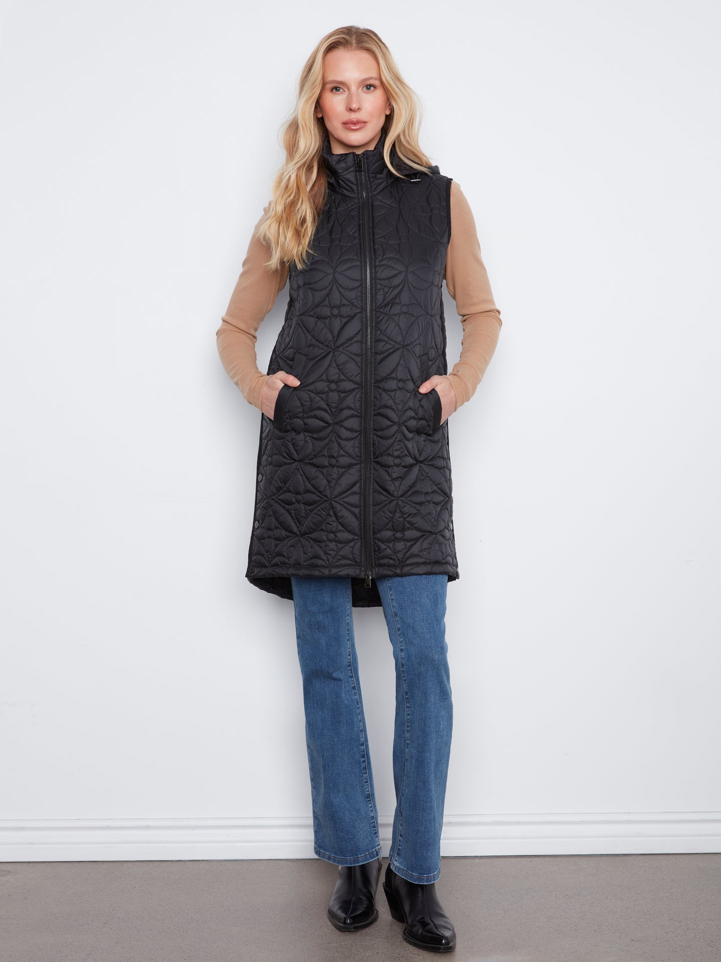 Charlie B Sleeveless Long Puffer Vest Black C6426-135B-001