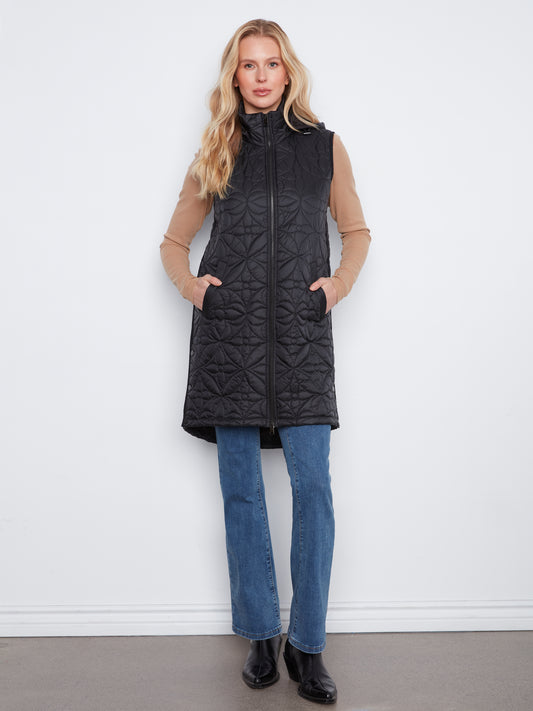 Charlie B Sleeveless Long Puffer Vest Black C6426-135B-001