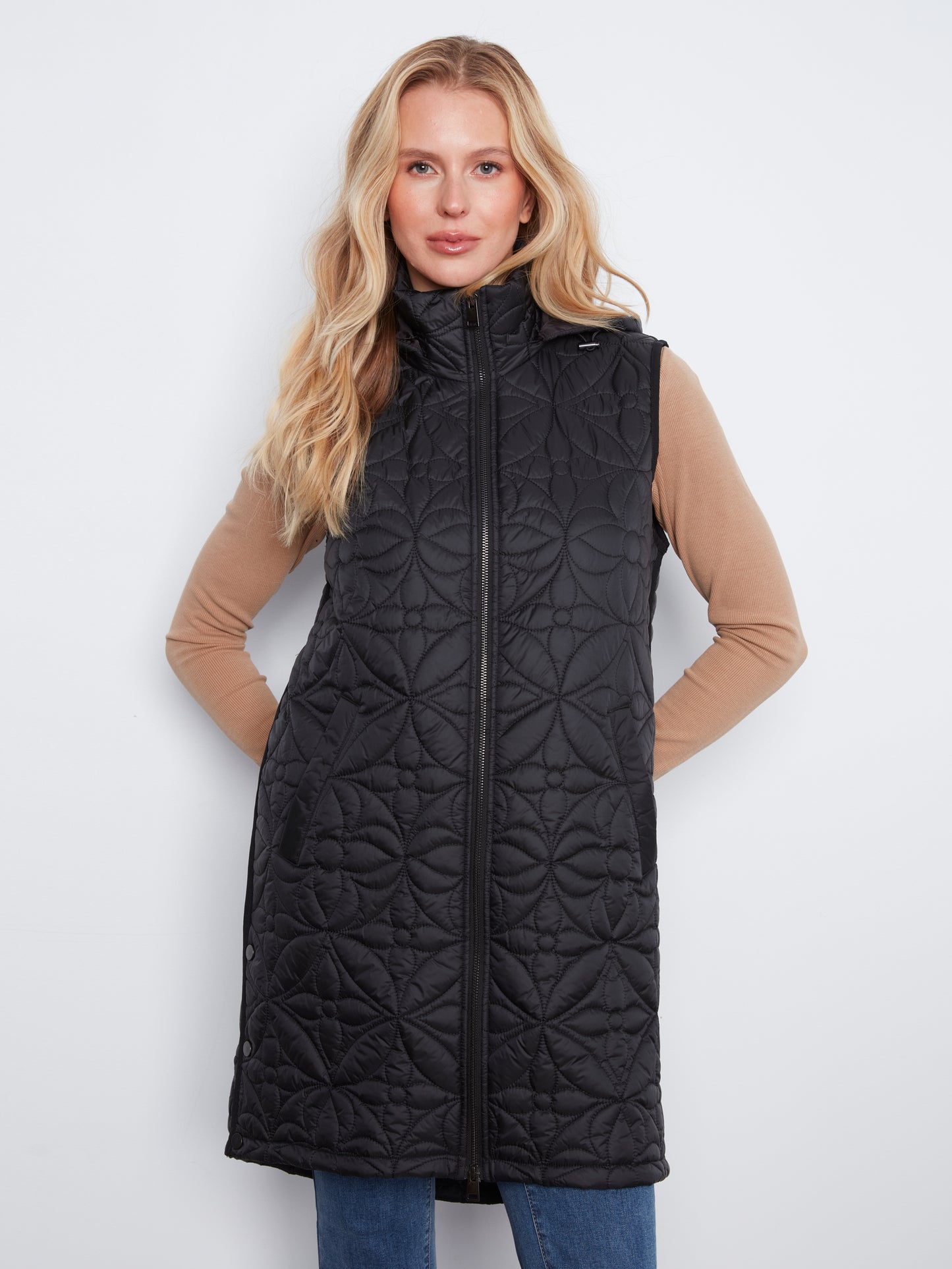 Charlie B Sleeveless Long Puffer Vest Black C6426-135B-001