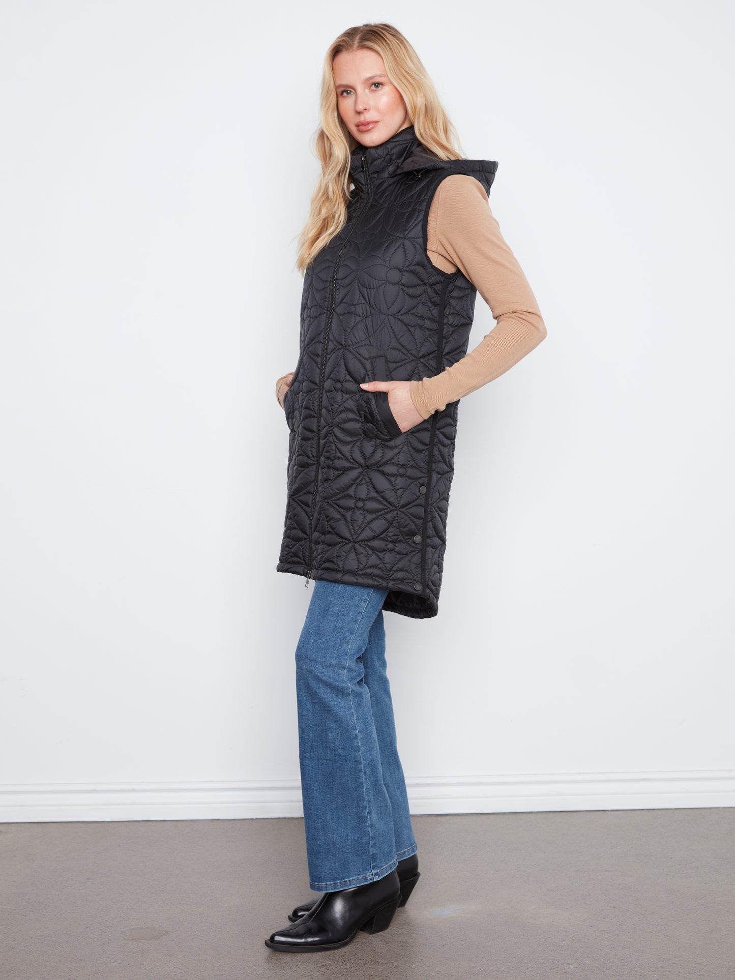 Charlie B Sleeveless Long Puffer Vest Black C6426-135B-001