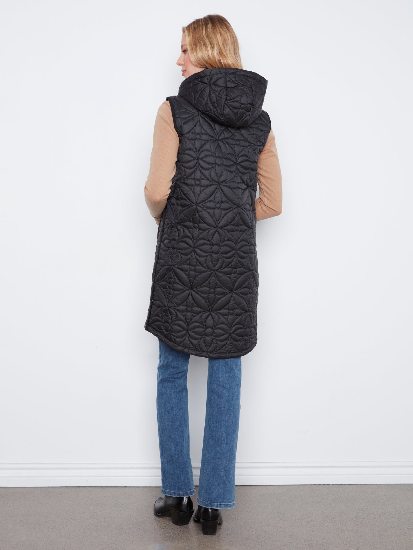 Charlie B Sleeveless Long Puffer Vest Black C6426-135B-001