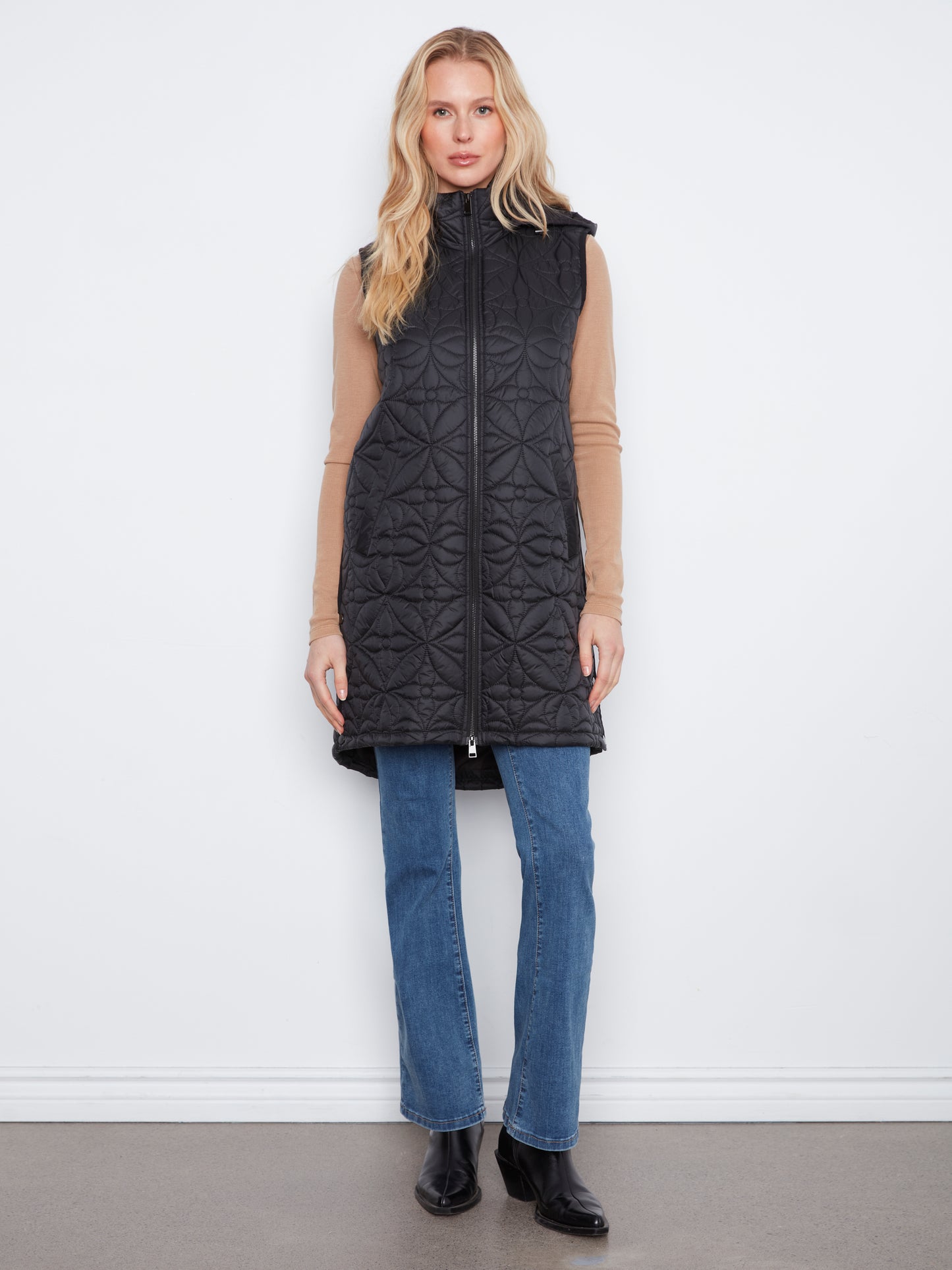 Charlie B Sleeveless Long Puffer Vest Black C6426-135B-001
