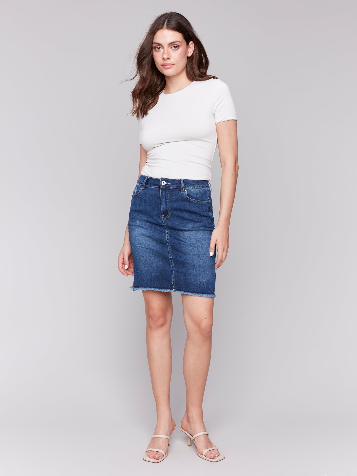 Charlie B Stretch Denim Skort w/Frayed Hem Indigo C7042T-431A-007