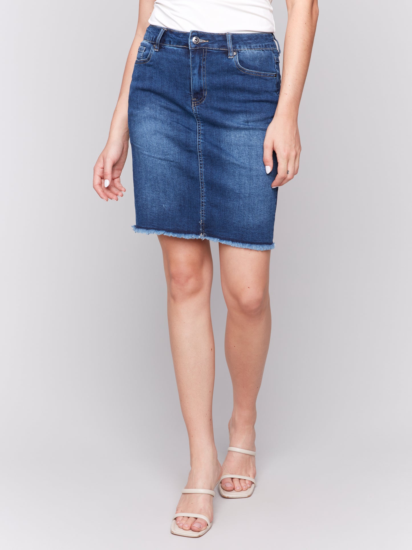 Charlie B Stretch Denim Skort w/Frayed Hem Indigo C7042T-431A-007