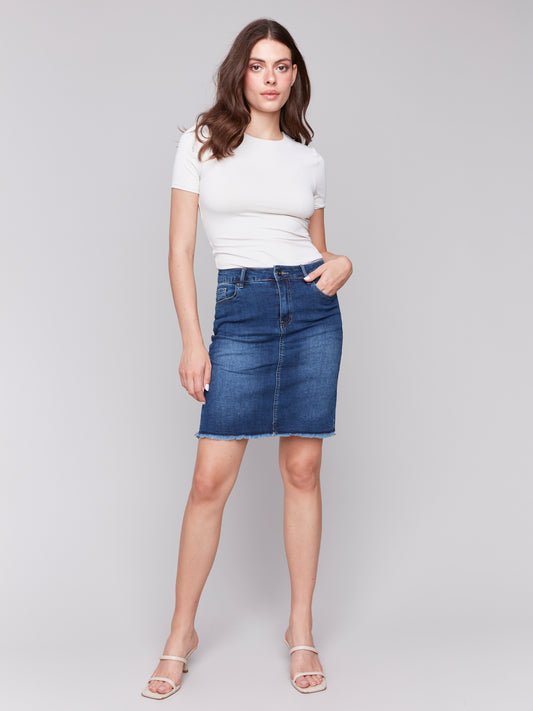 Charlie B Stretch Denim Skort w/Frayed Hem Indigo C7042T-431A-007