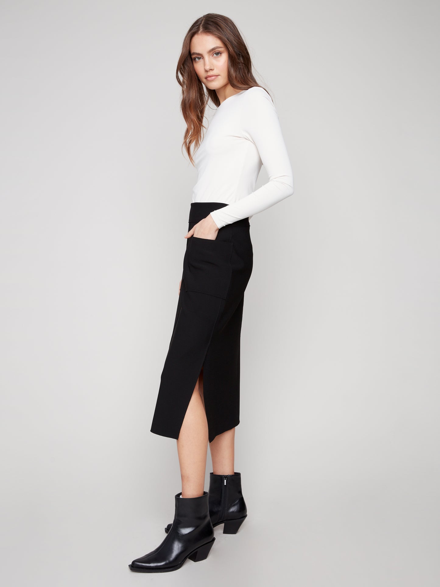Charlie B Gusty Crepe Skirt w/Front Patch Pockets Black C7076R-049C-001