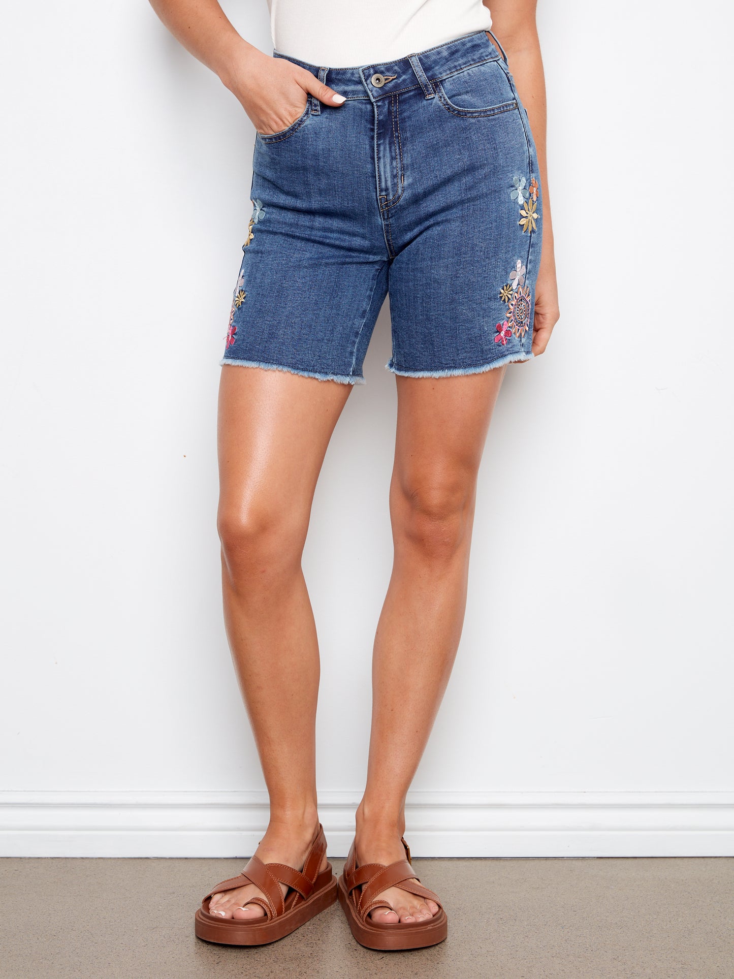 Charlie B Side Embroidered Stretch Denim Shorts Medium Blue C8060E-431A-156