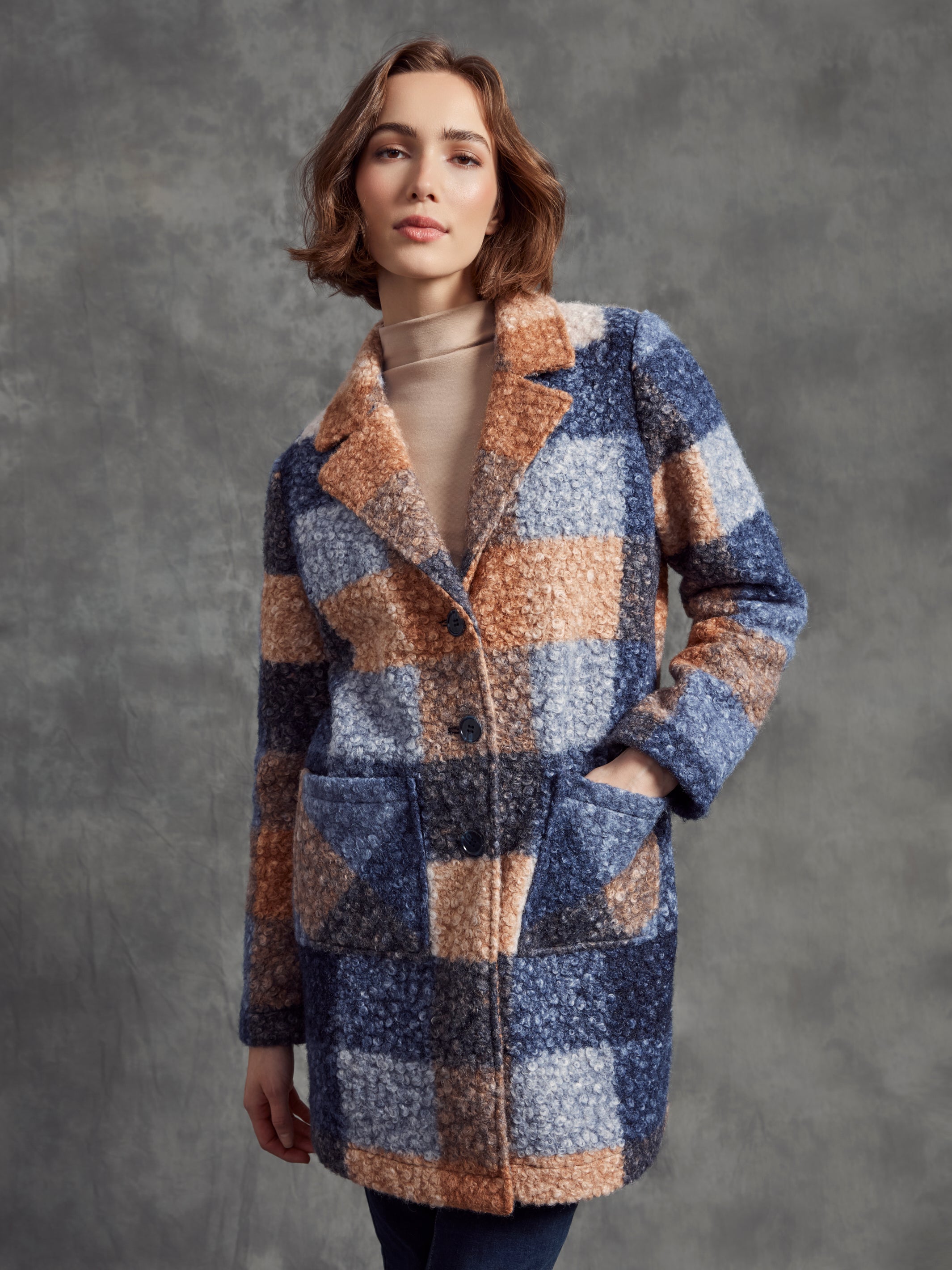 Charlie B Plaid Boucle Knit Tailored Collar Coat Moonlight