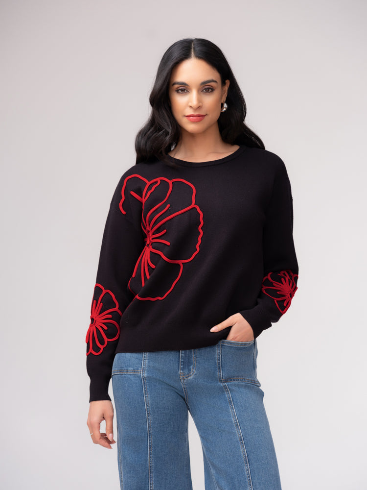 Elena Wang Embroidered Crew Neck Sweater Black/Red EW37025