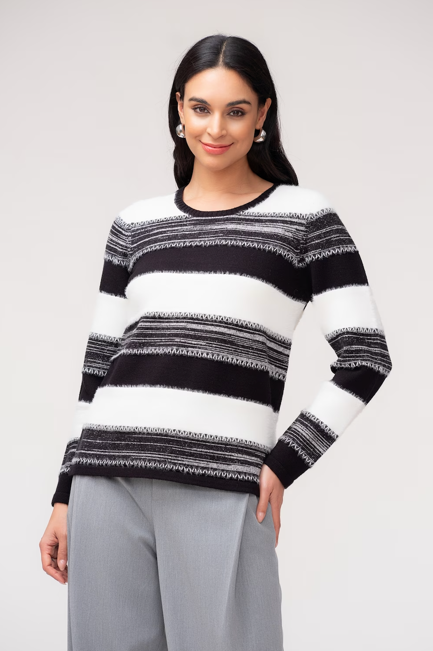 Elena Wang Striped Pullover Sweater Black/White EW37055