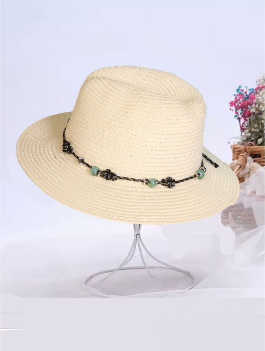 Cherie Bliss Wide Brim Summer Hat w/Decorative Beads & Bow Cream HAT131401CR