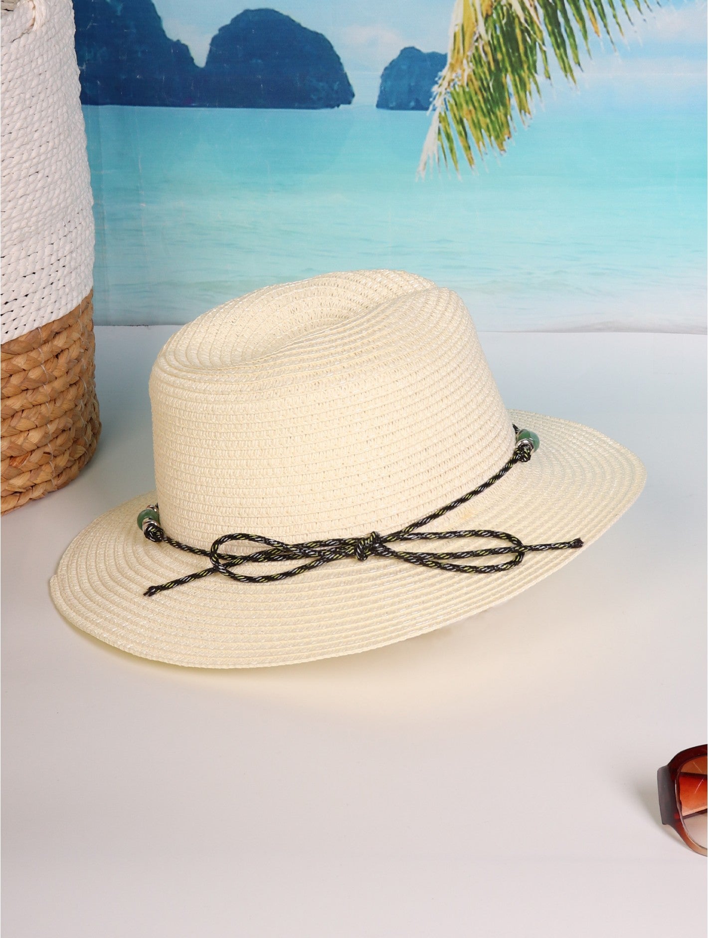 Cherie Bliss Wide Brim Summer Hat w/Decorative Beads & Bow Cream HAT131401CR
