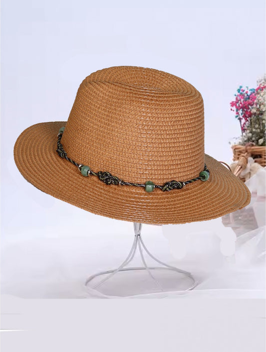Cherie Bliss Wide Brim Summer Hat w/Decorative Beads & Bow Khaki HAT131403KAK