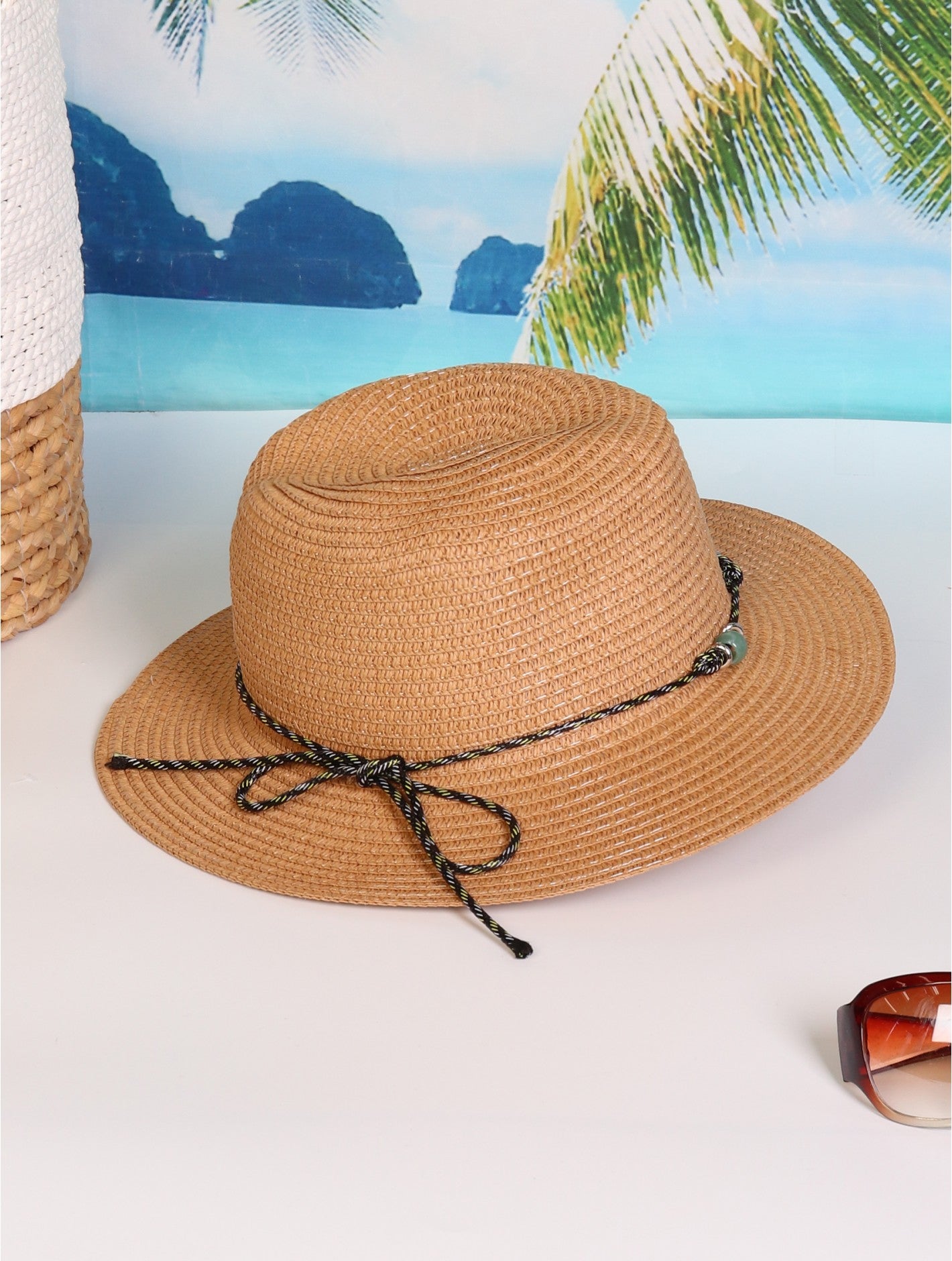 Cherie Bliss Wide Brim Summer Hat w/Decorative Beads & Bow Khaki HAT131403KAK