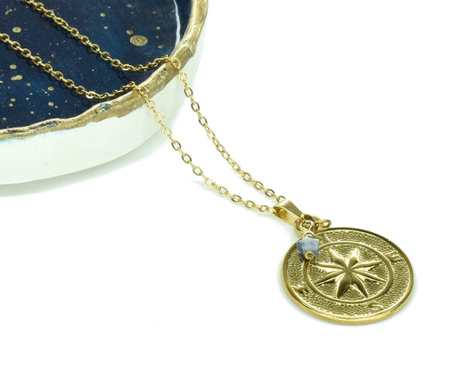 J&J Designs 20” Gold Stainless Steel Compass Necklace w/Star Gemstone HAYDEN