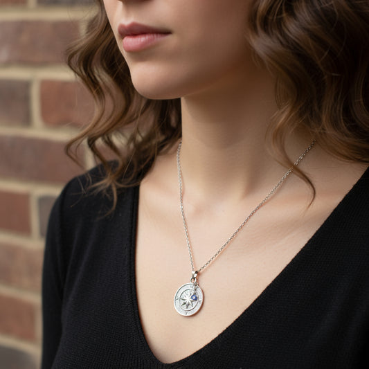 J&J Designs 20” Silver Stainless Steel Compass Necklace w/Star Gemstone LOGAN